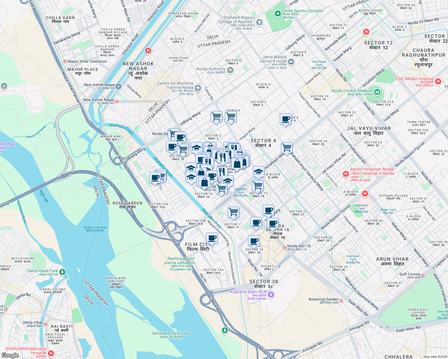 map of restaurants, bars, coffee shops, grocery stores, and more near in Noida