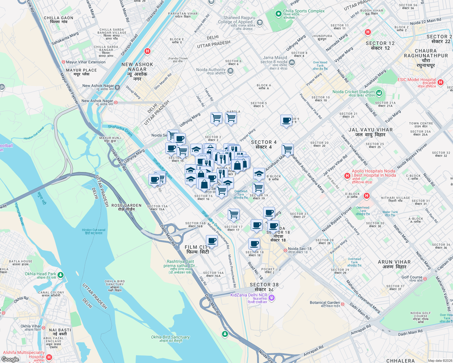 map of restaurants, bars, coffee shops, grocery stores, and more near in Noida