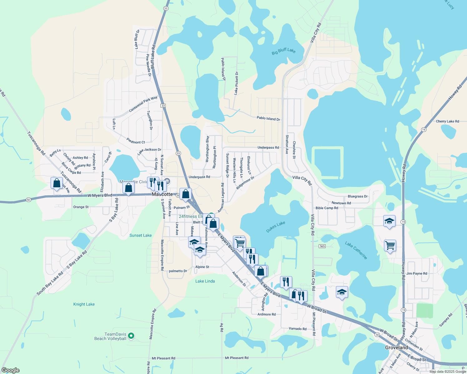 map of restaurants, bars, coffee shops, grocery stores, and more near 1805 Western Hills Lane in Mascotte