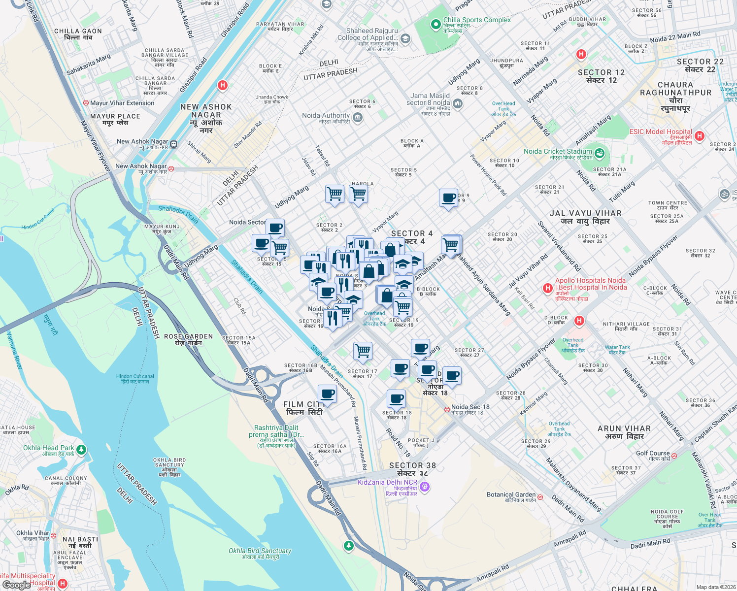 map of restaurants, bars, coffee shops, grocery stores, and more near in Noida
