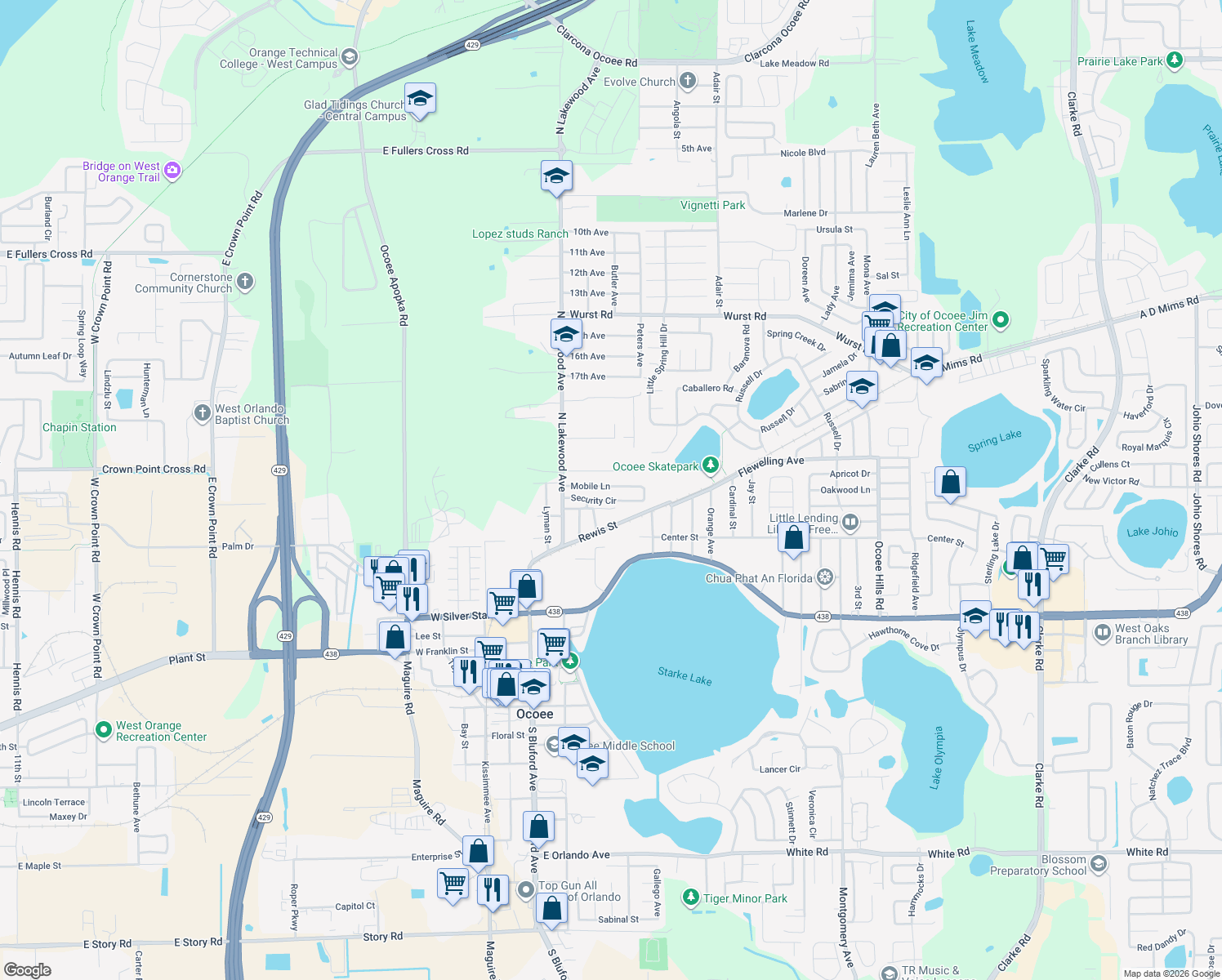 map of restaurants, bars, coffee shops, grocery stores, and more near 139 Mobile Lane in Ocoee