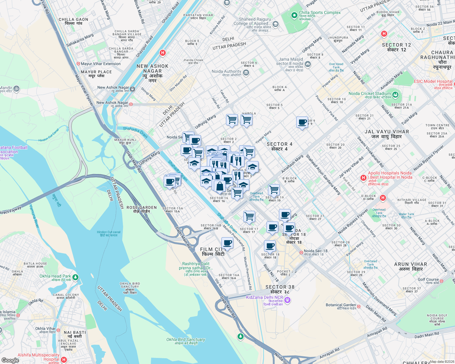 map of restaurants, bars, coffee shops, grocery stores, and more near in Noida