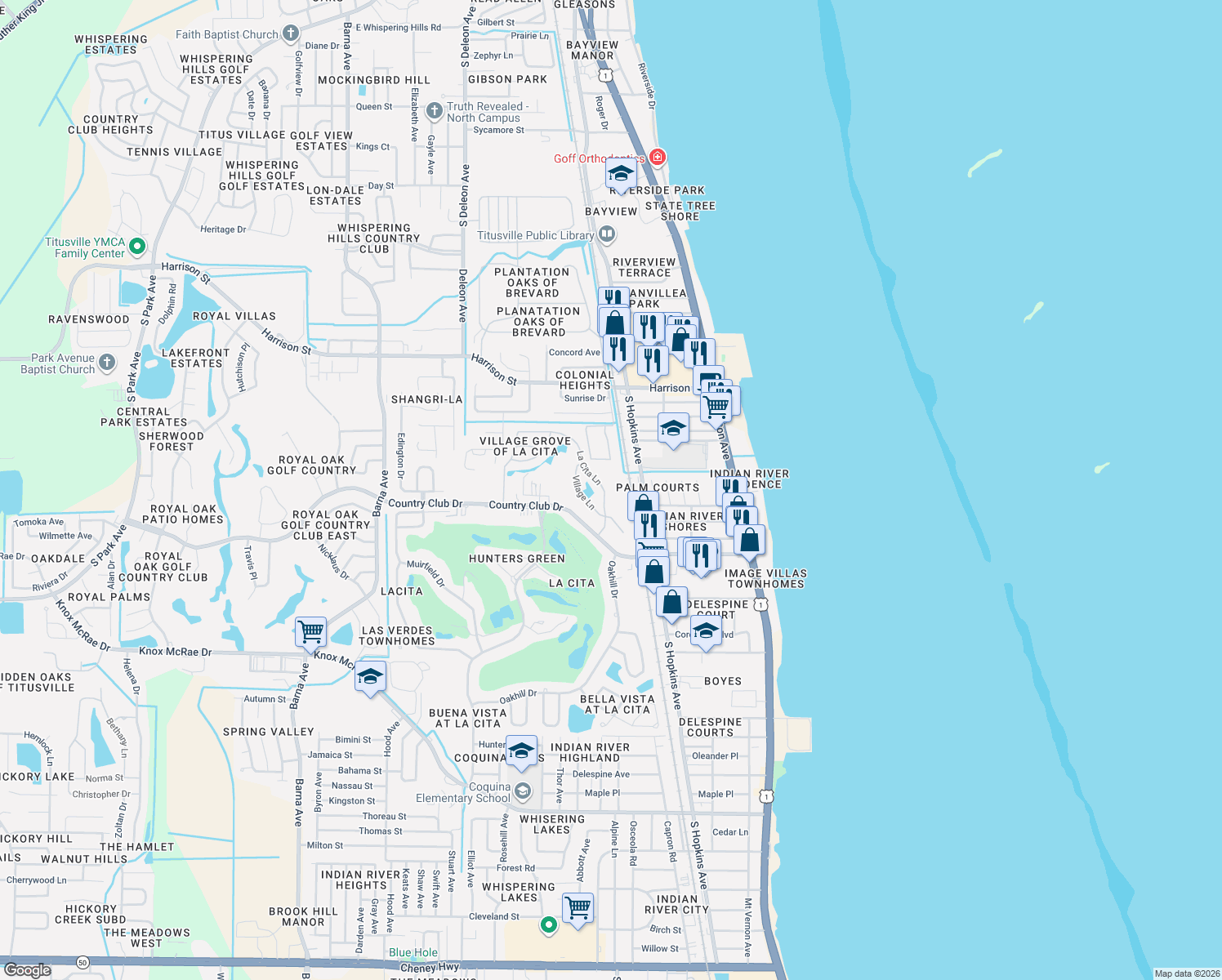 map of restaurants, bars, coffee shops, grocery stores, and more near 2630 La Cita Lane in Titusville