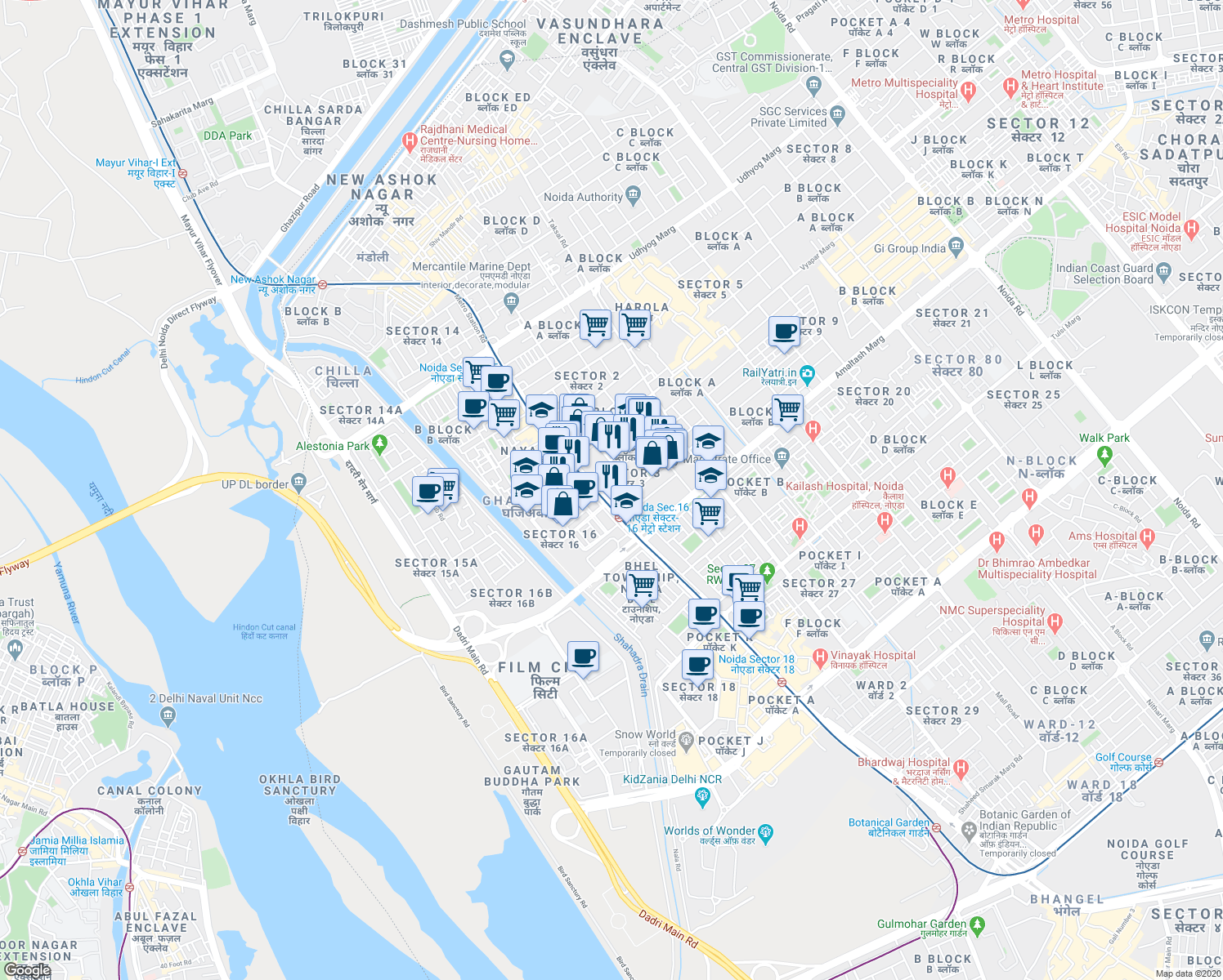 map of restaurants, bars, coffee shops, grocery stores, and more near in Noida