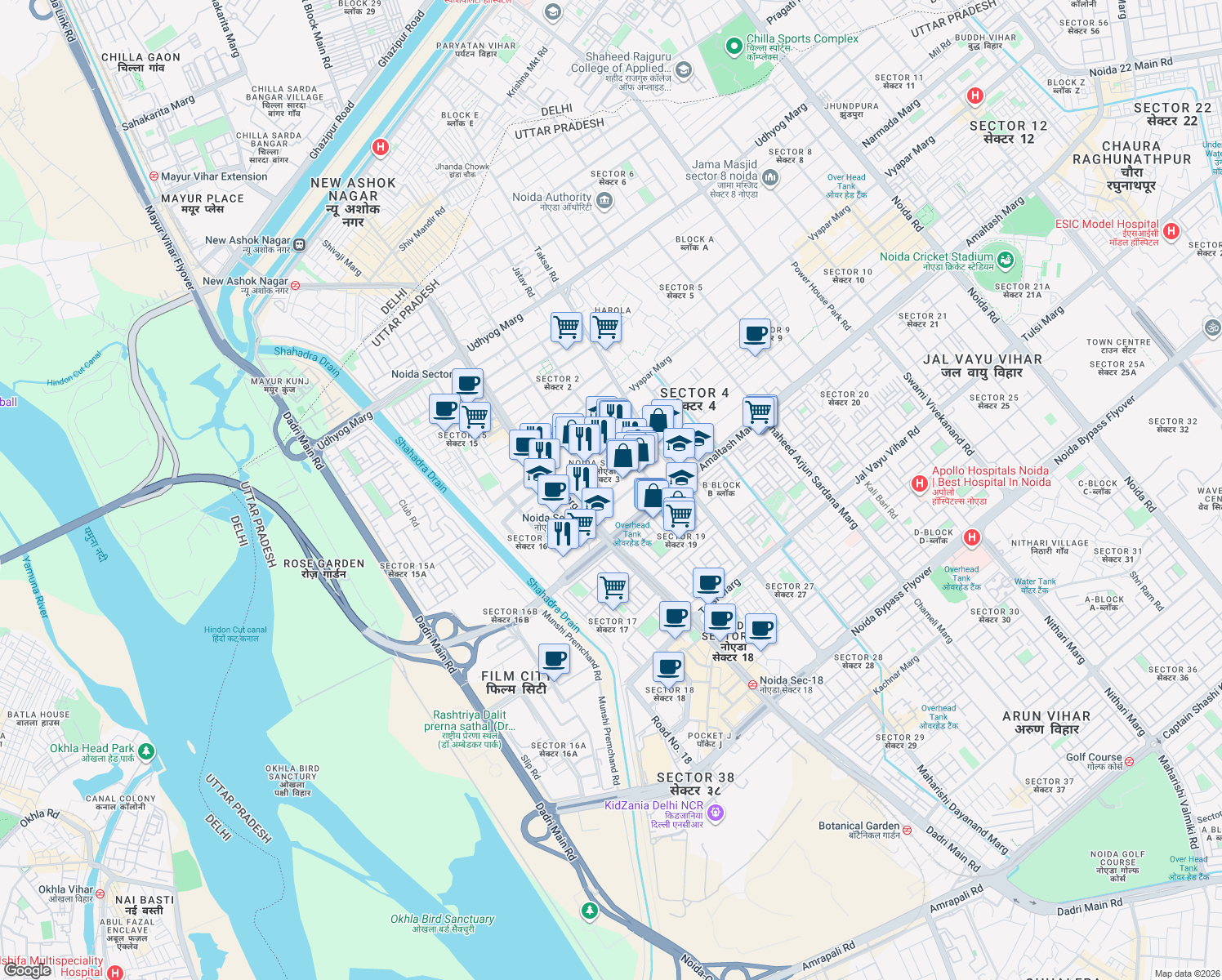 map of restaurants, bars, coffee shops, grocery stores, and more near in Noida
