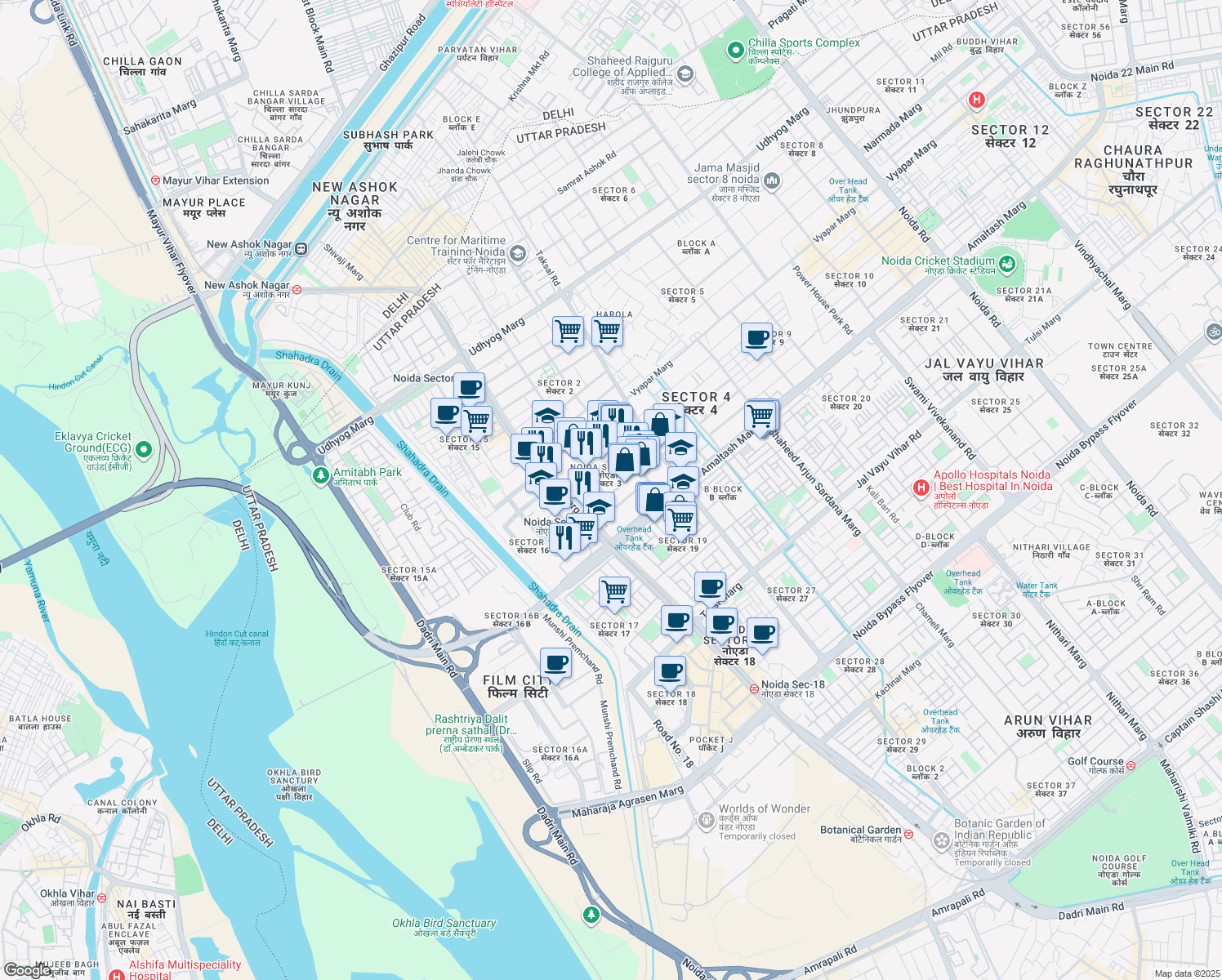 map of restaurants, bars, coffee shops, grocery stores, and more near in Noida