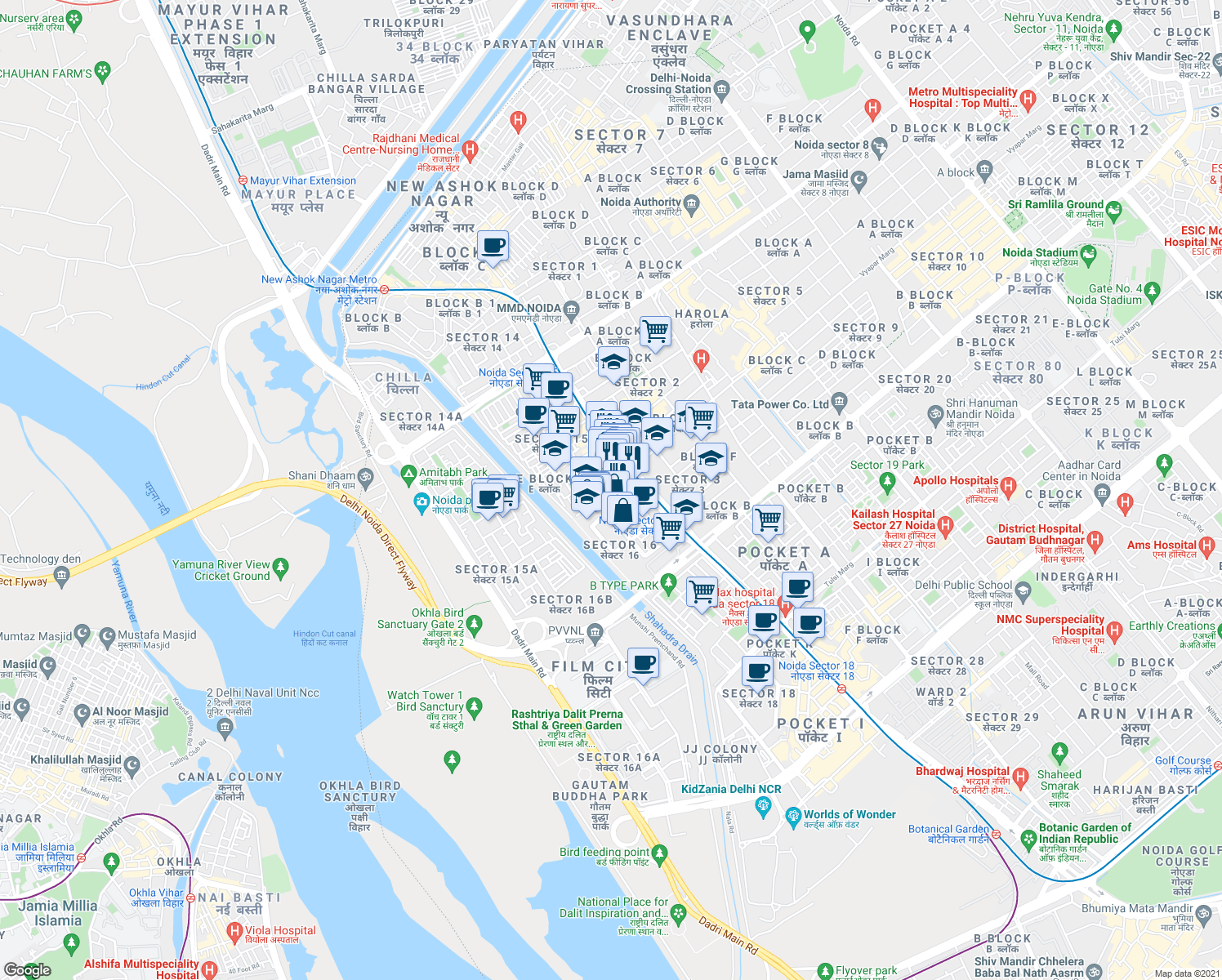 map of restaurants, bars, coffee shops, grocery stores, and more near in Noida