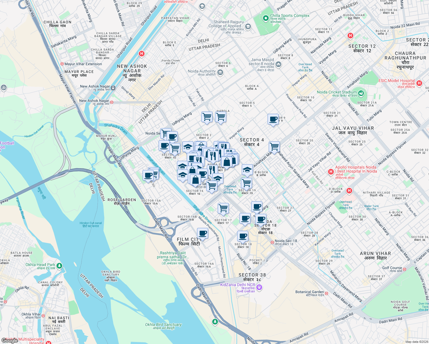 map of restaurants, bars, coffee shops, grocery stores, and more near in Noida