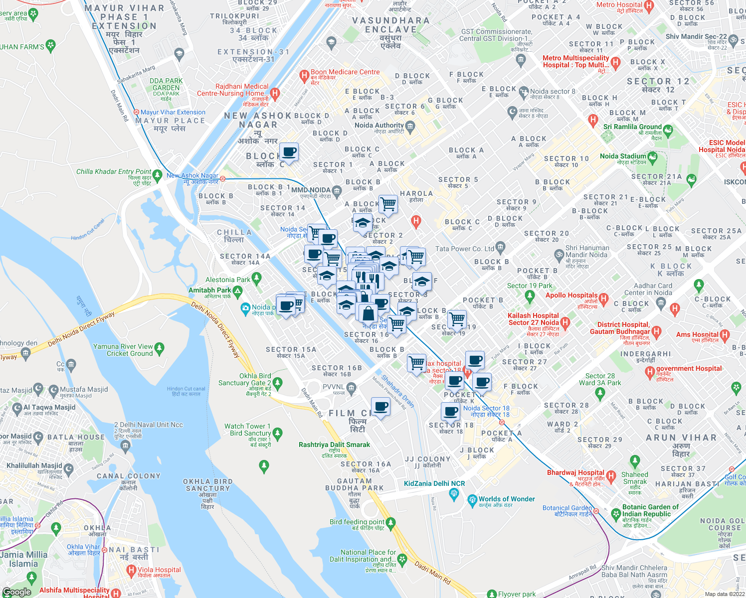 map of restaurants, bars, coffee shops, grocery stores, and more near in Faridabad