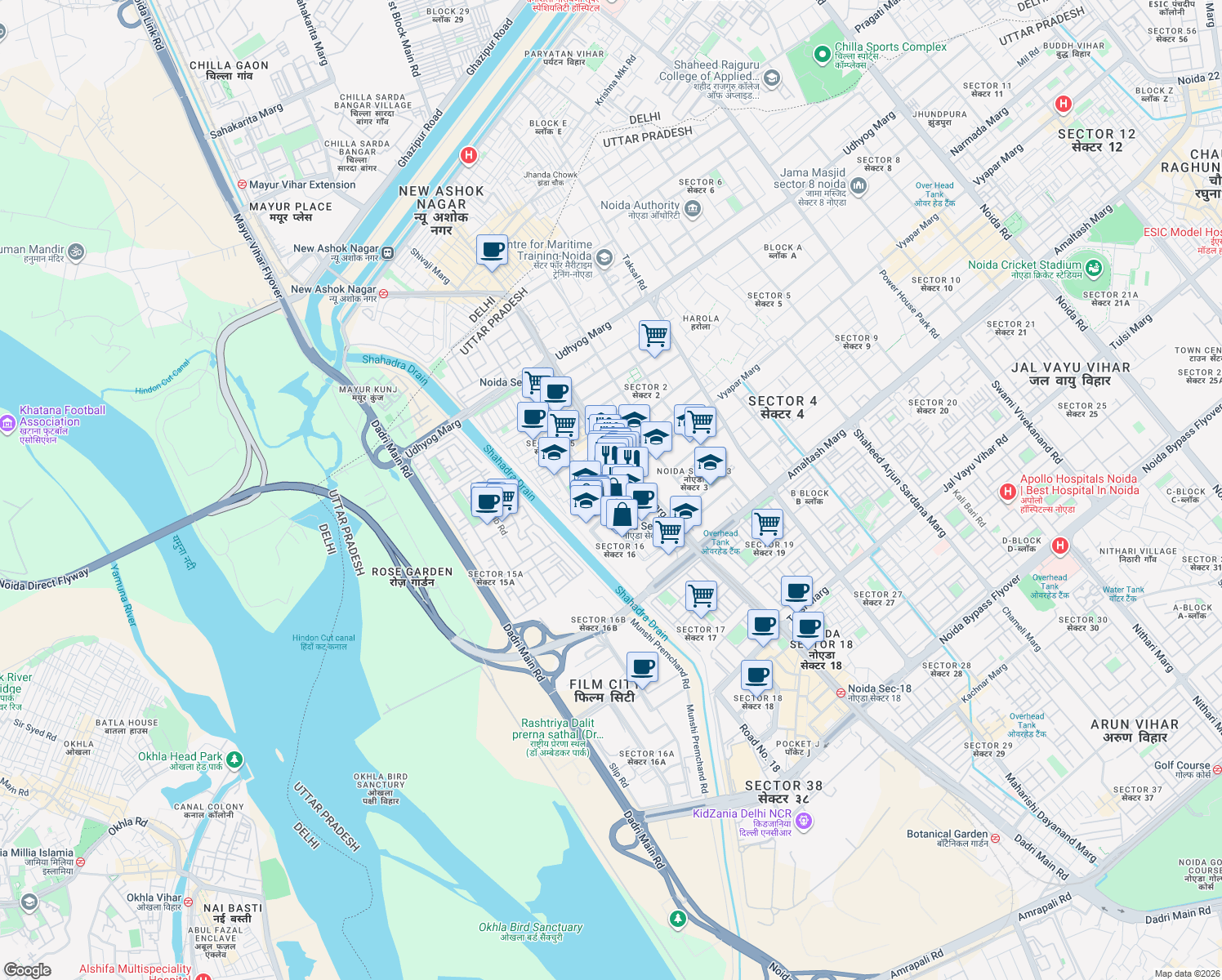 map of restaurants, bars, coffee shops, grocery stores, and more near in Noida