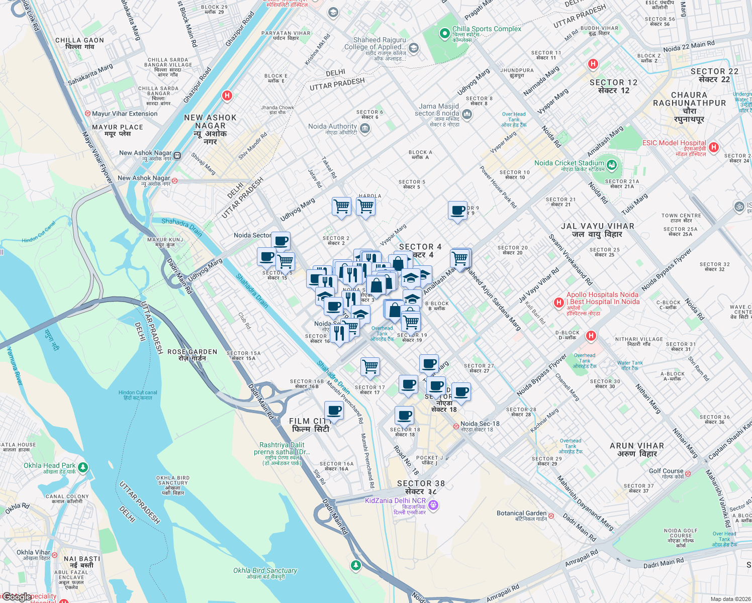 map of restaurants, bars, coffee shops, grocery stores, and more near in Noida