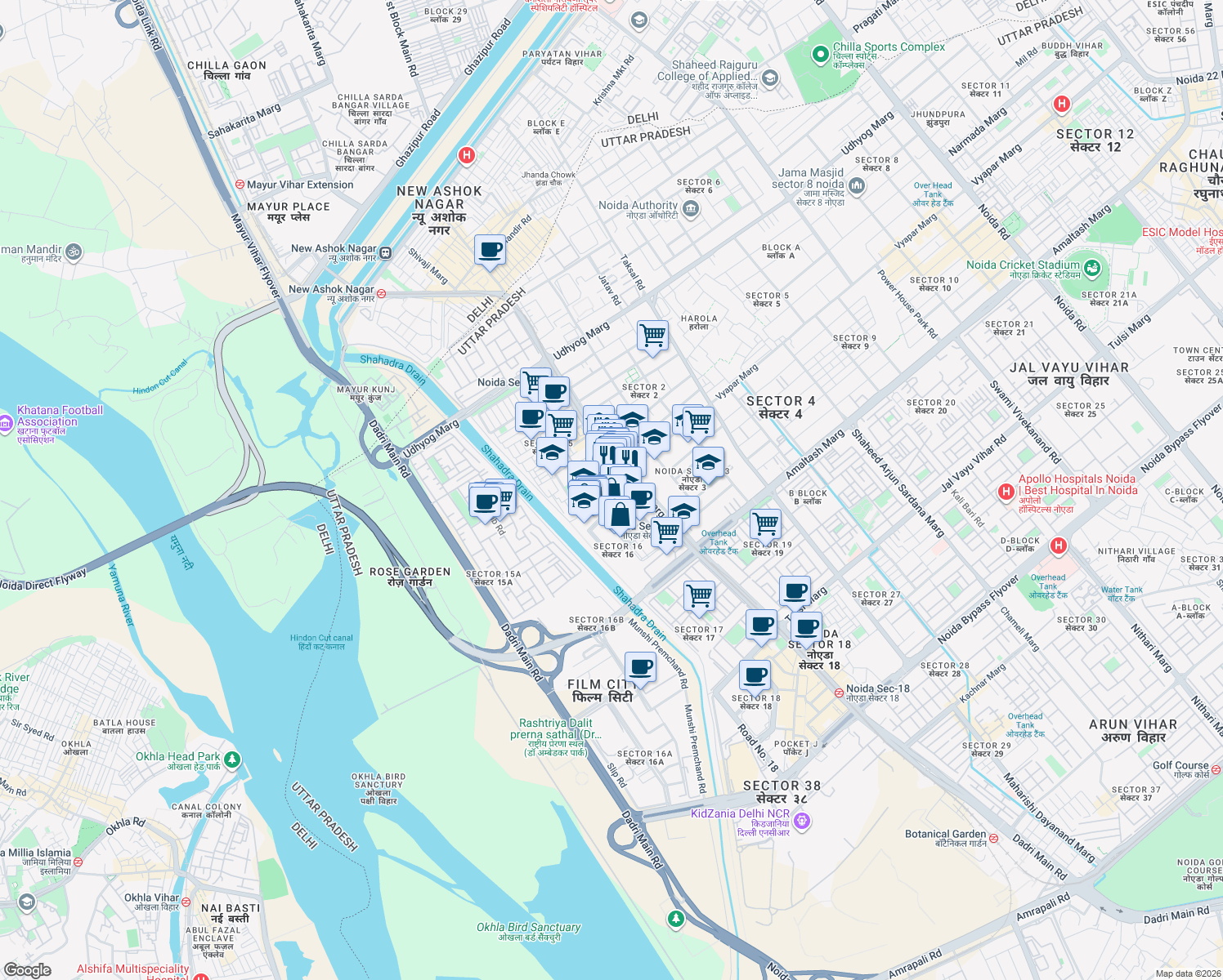 map of restaurants, bars, coffee shops, grocery stores, and more near in Noida