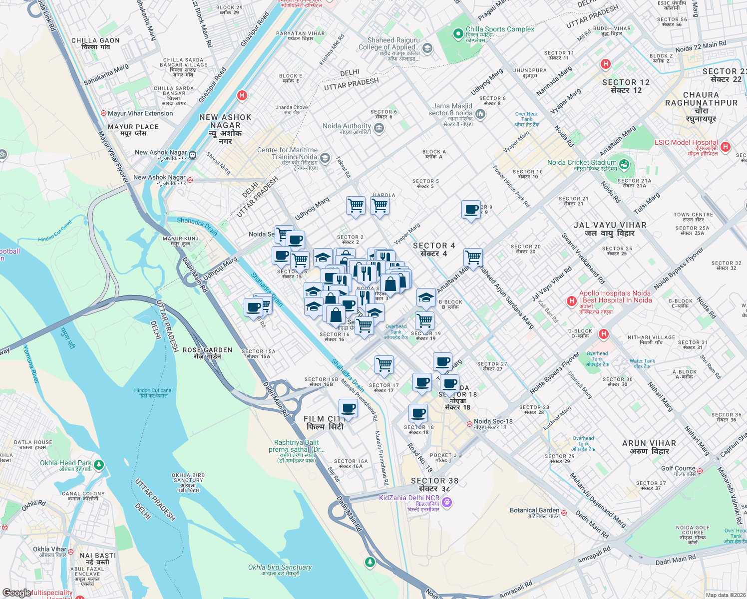 map of restaurants, bars, coffee shops, grocery stores, and more near in Noida