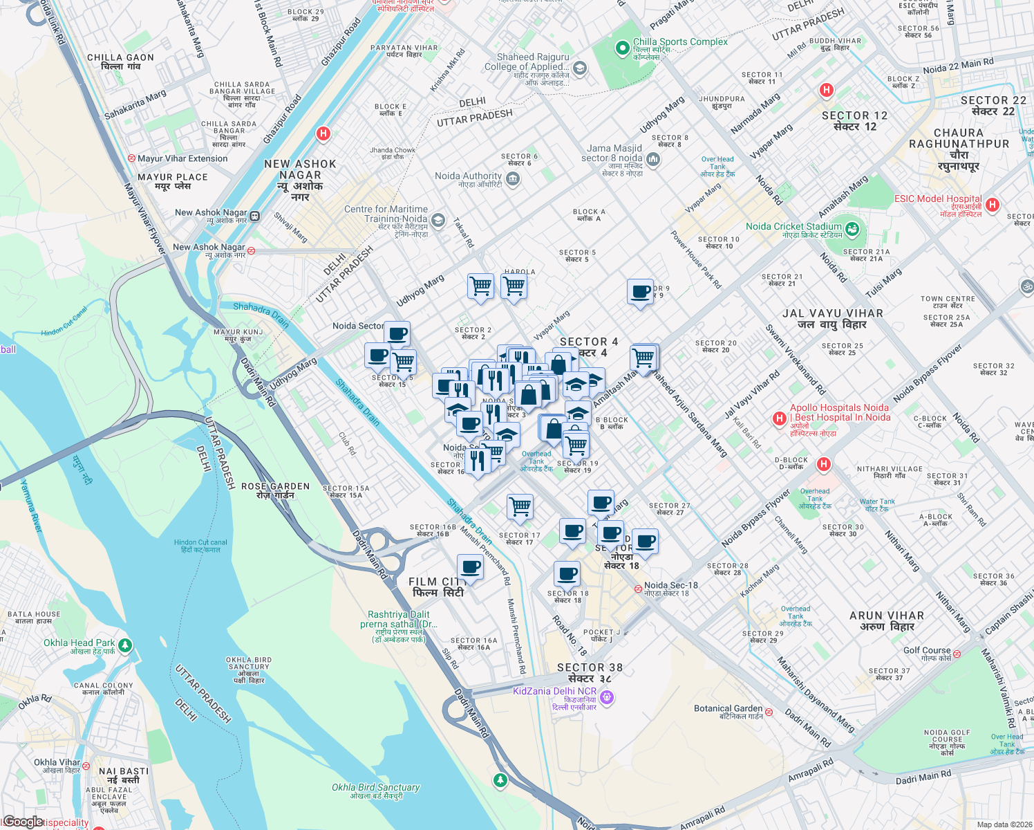 map of restaurants, bars, coffee shops, grocery stores, and more near in Noida