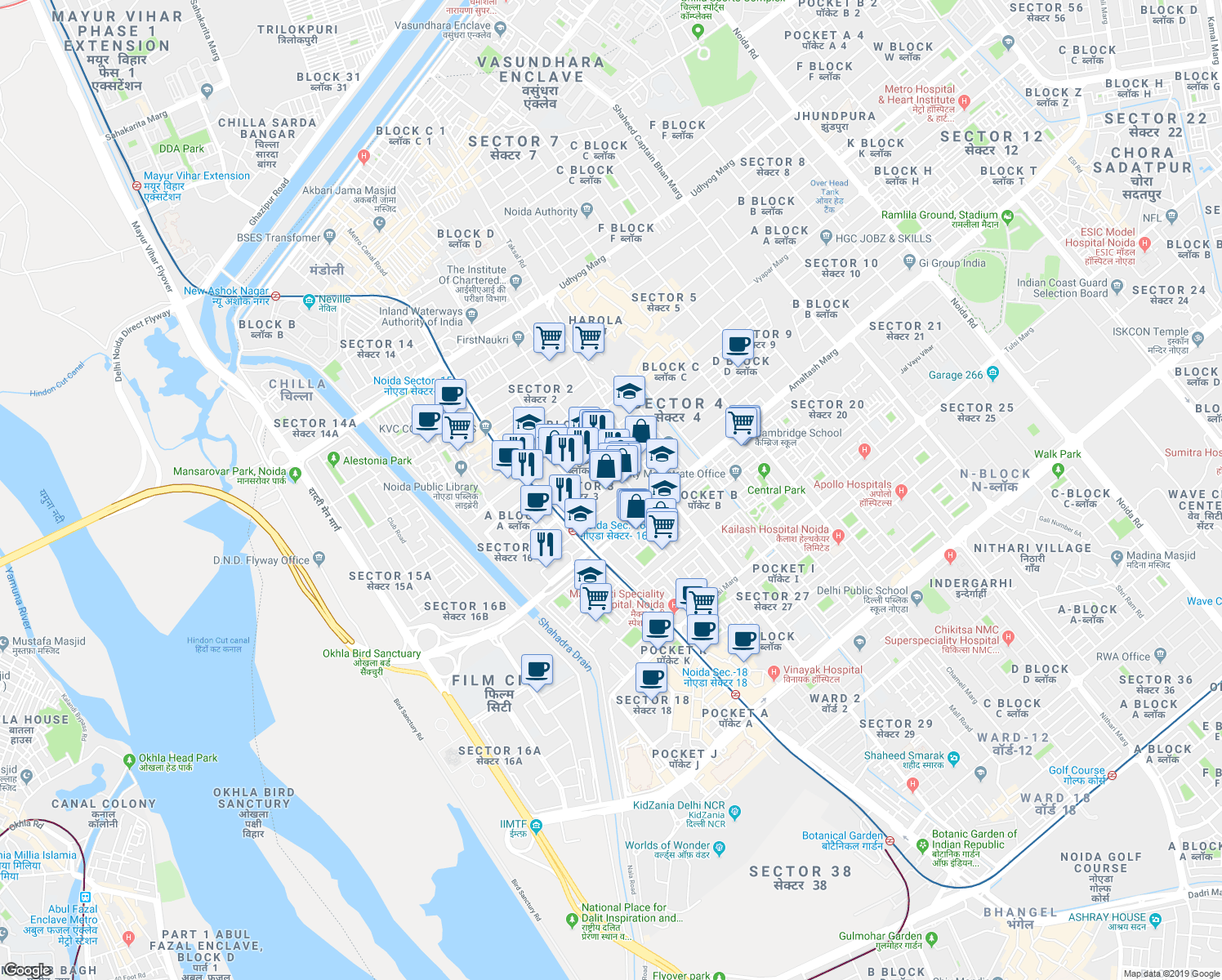map of restaurants, bars, coffee shops, grocery stores, and more near in Noida