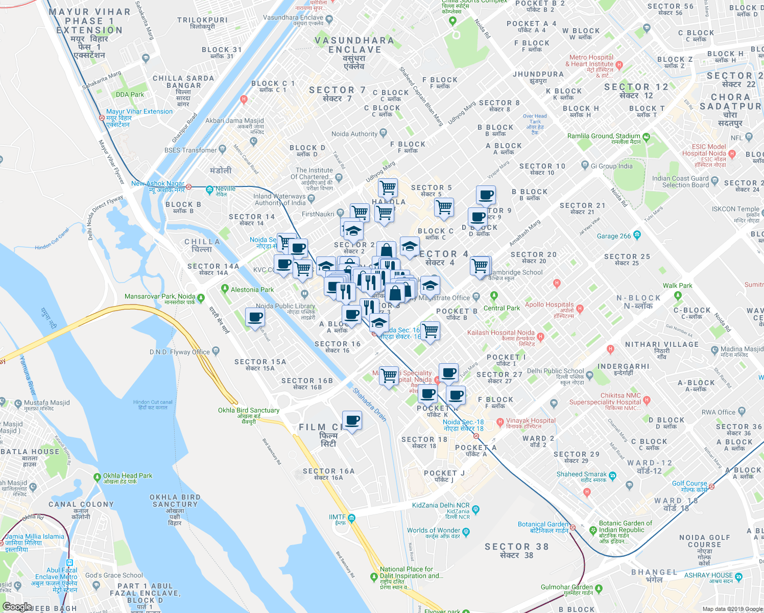 map of restaurants, bars, coffee shops, grocery stores, and more near in Noida