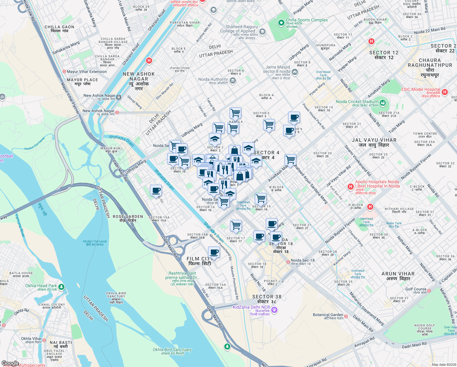 map of restaurants, bars, coffee shops, grocery stores, and more near in Noida