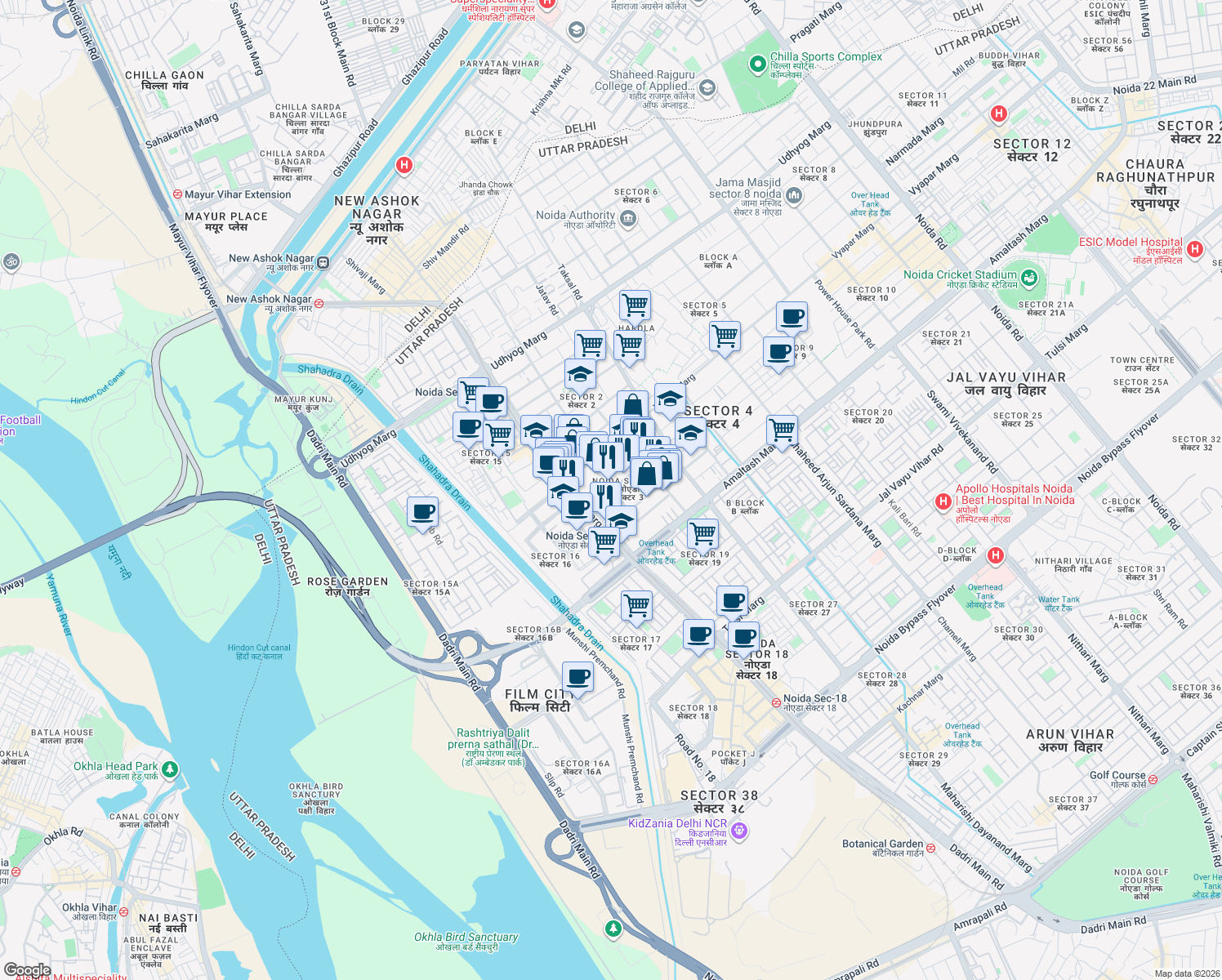 map of restaurants, bars, coffee shops, grocery stores, and more near in Noida