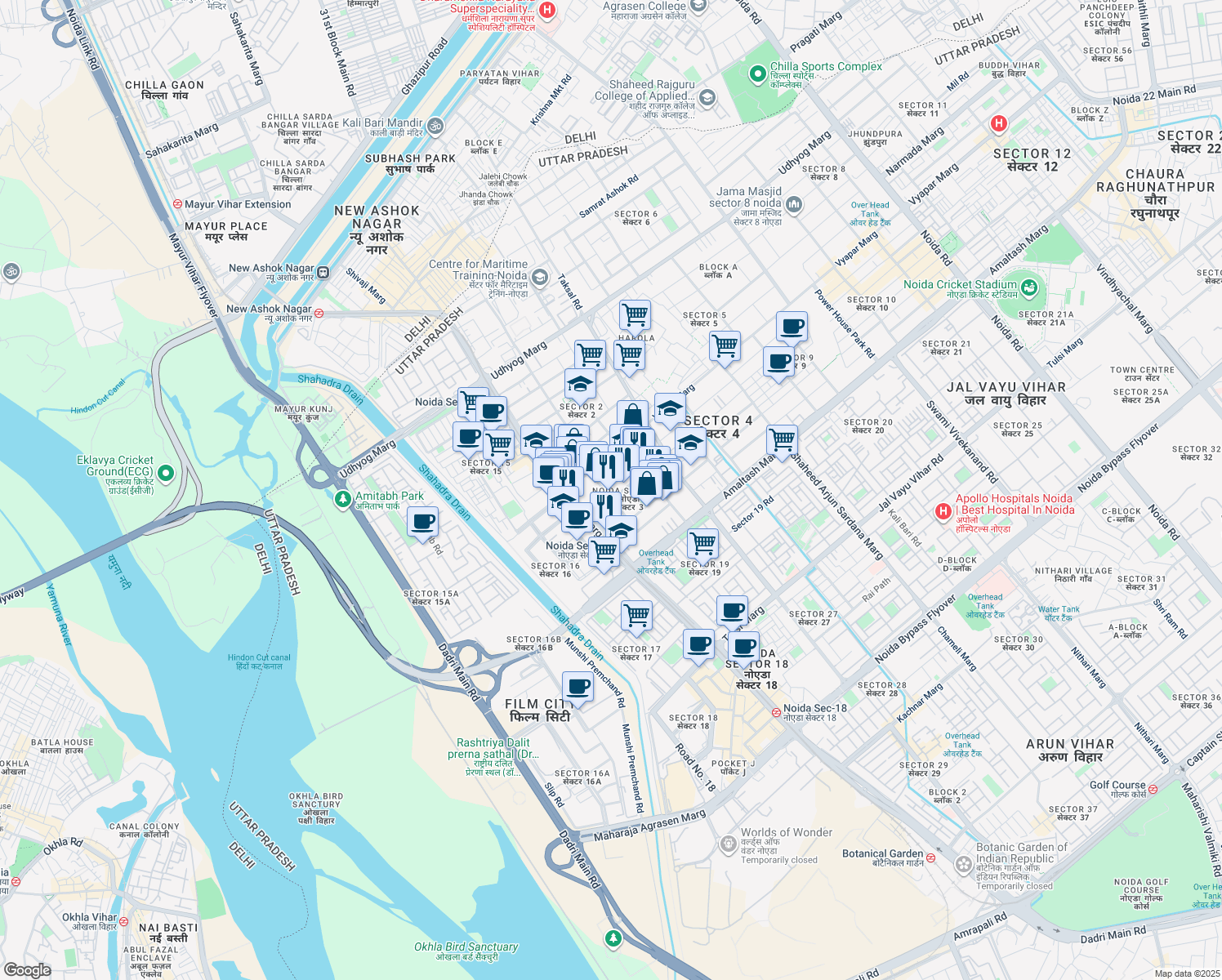 map of restaurants, bars, coffee shops, grocery stores, and more near in Noida
