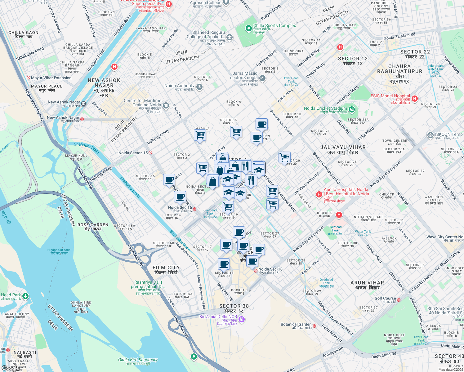 map of restaurants, bars, coffee shops, grocery stores, and more near in Noida