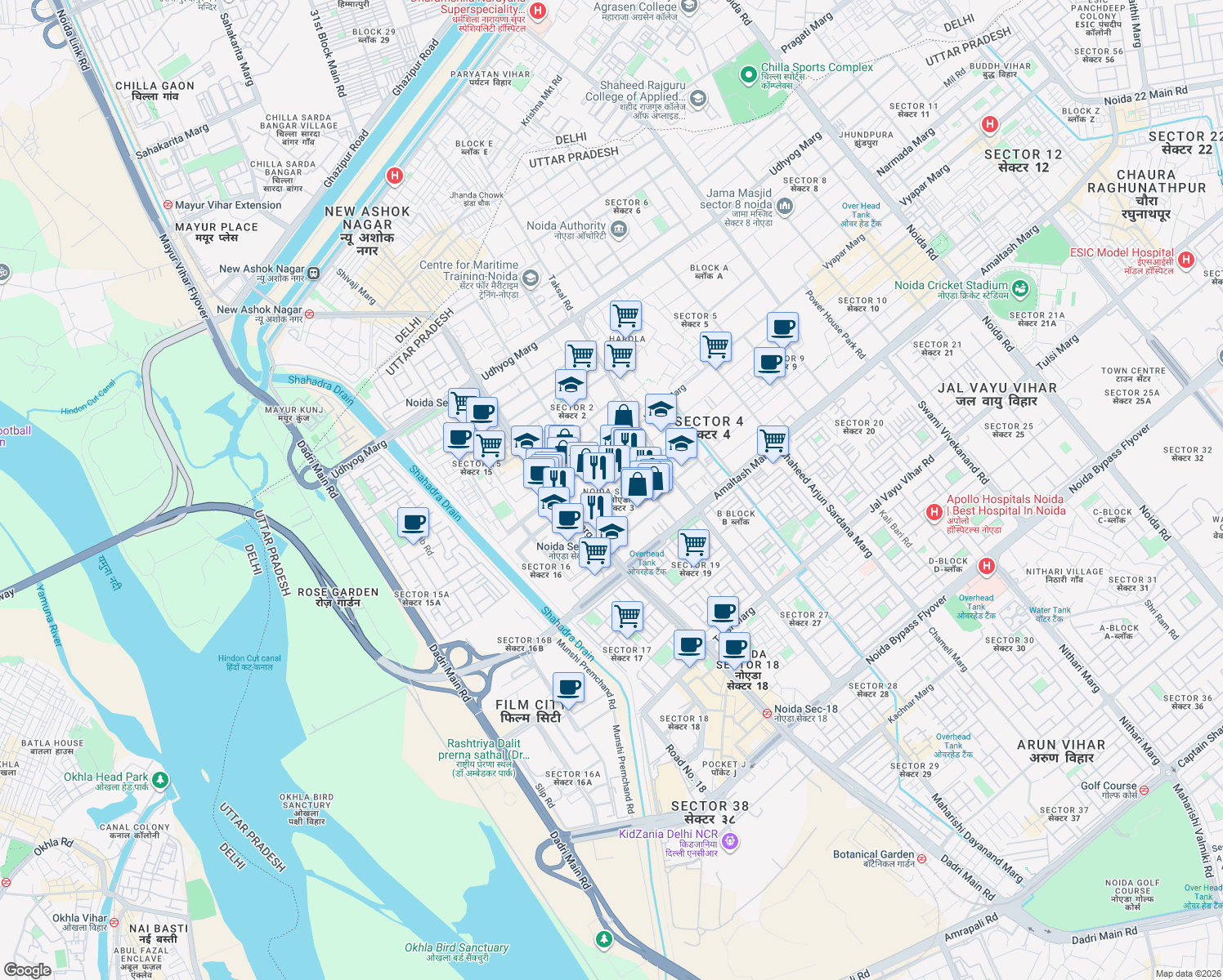 map of restaurants, bars, coffee shops, grocery stores, and more near in New Delhi