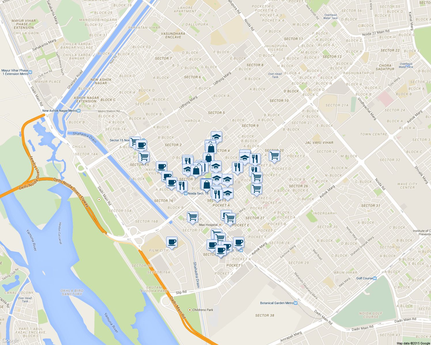 map of restaurants, bars, coffee shops, grocery stores, and more near A-13, Sector-4A Amaltash Marg in Noida