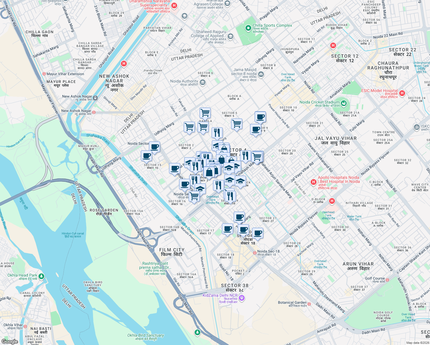map of restaurants, bars, coffee shops, grocery stores, and more near in Noida