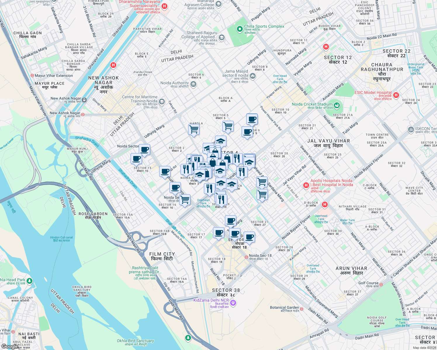 map of restaurants, bars, coffee shops, grocery stores, and more near in Noida