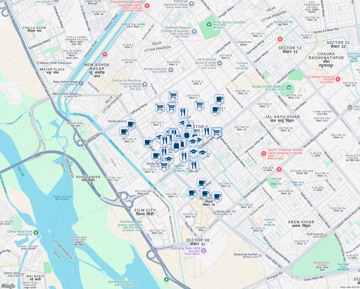 map of restaurants, bars, coffee shops, grocery stores, and more near in Noida