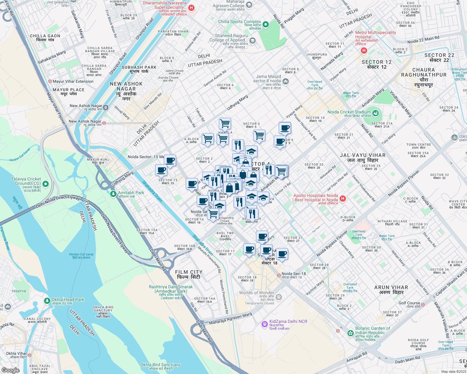 map of restaurants, bars, coffee shops, grocery stores, and more near in Noida