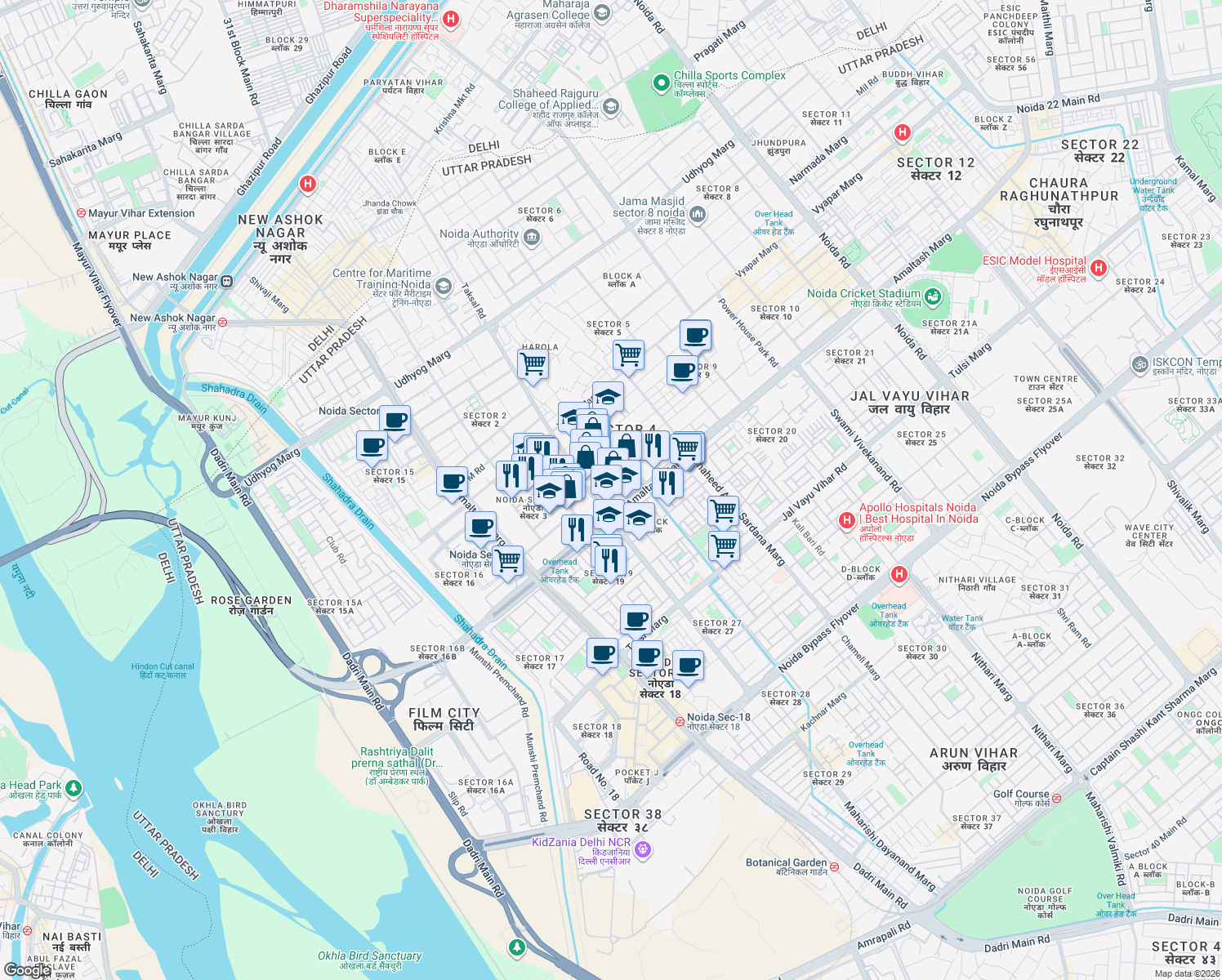 map of restaurants, bars, coffee shops, grocery stores, and more near A Block Road in Noida