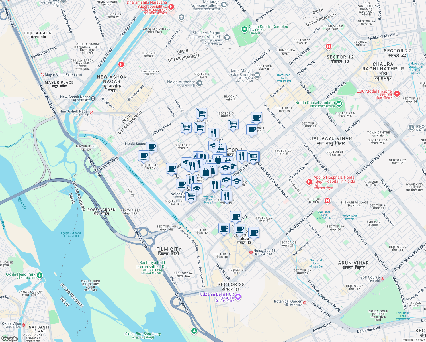 map of restaurants, bars, coffee shops, grocery stores, and more near in Noida
