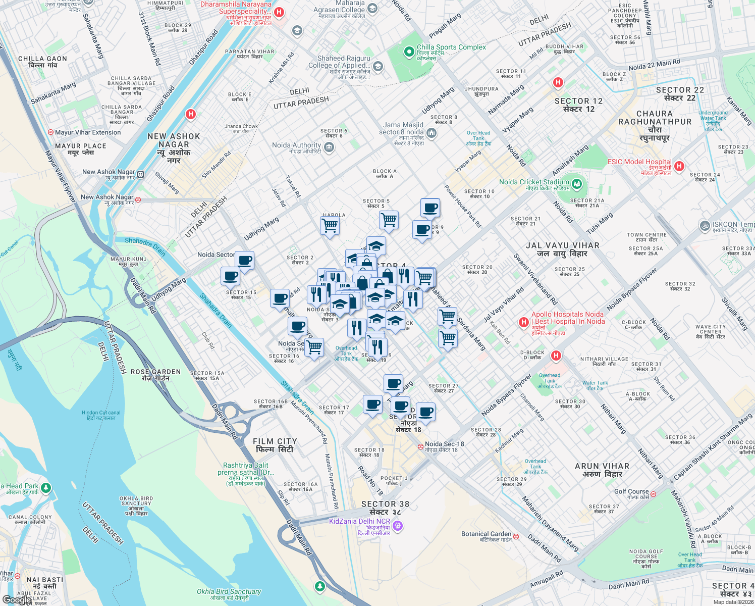 map of restaurants, bars, coffee shops, grocery stores, and more near in Noida