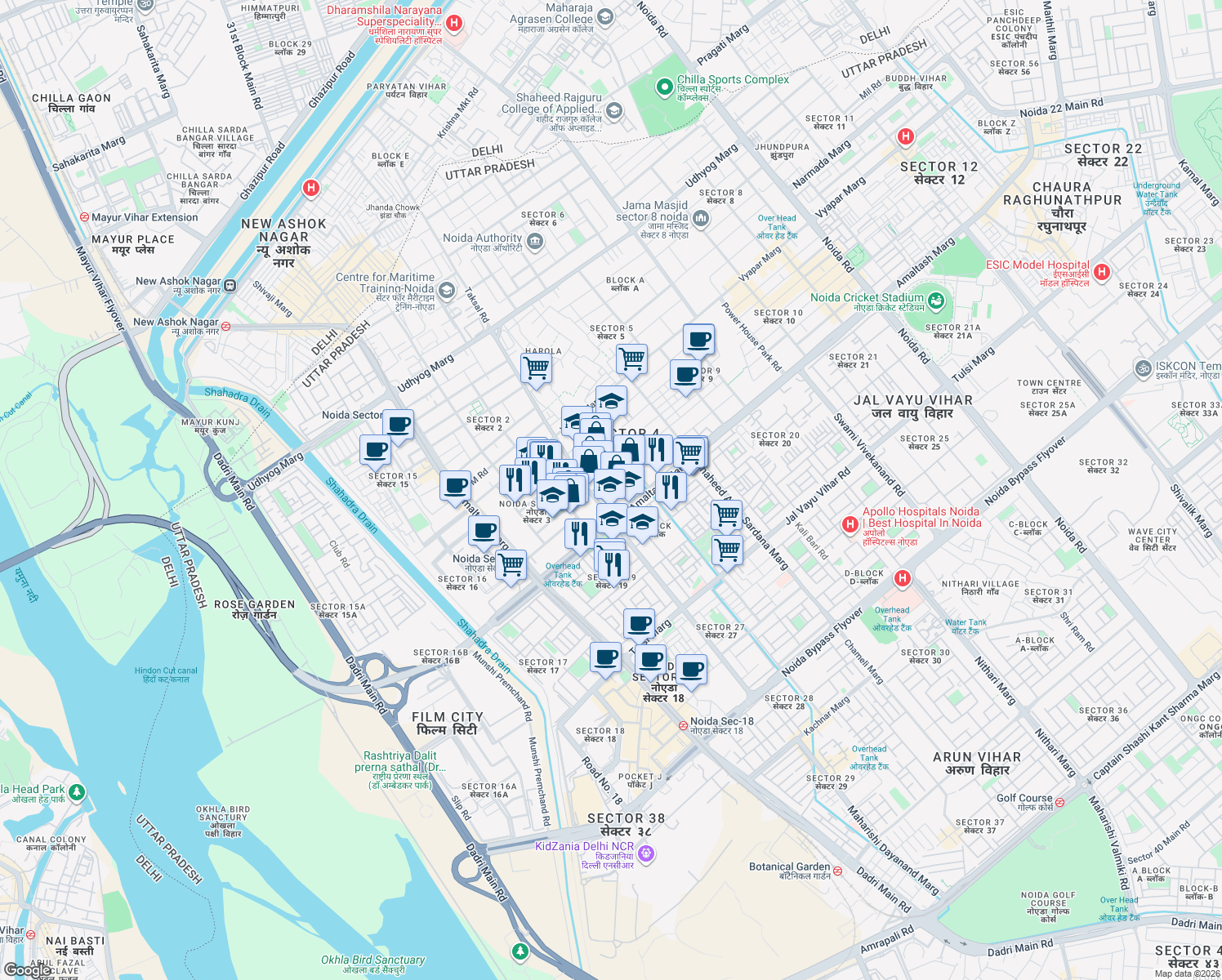 map of restaurants, bars, coffee shops, grocery stores, and more near A Block Road in Noida