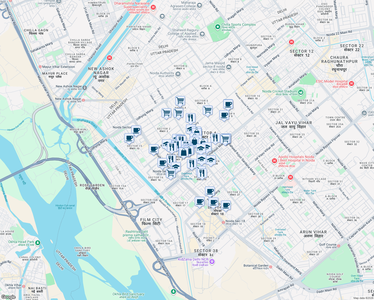 map of restaurants, bars, coffee shops, grocery stores, and more near 4 Vyapar Marg in Noida