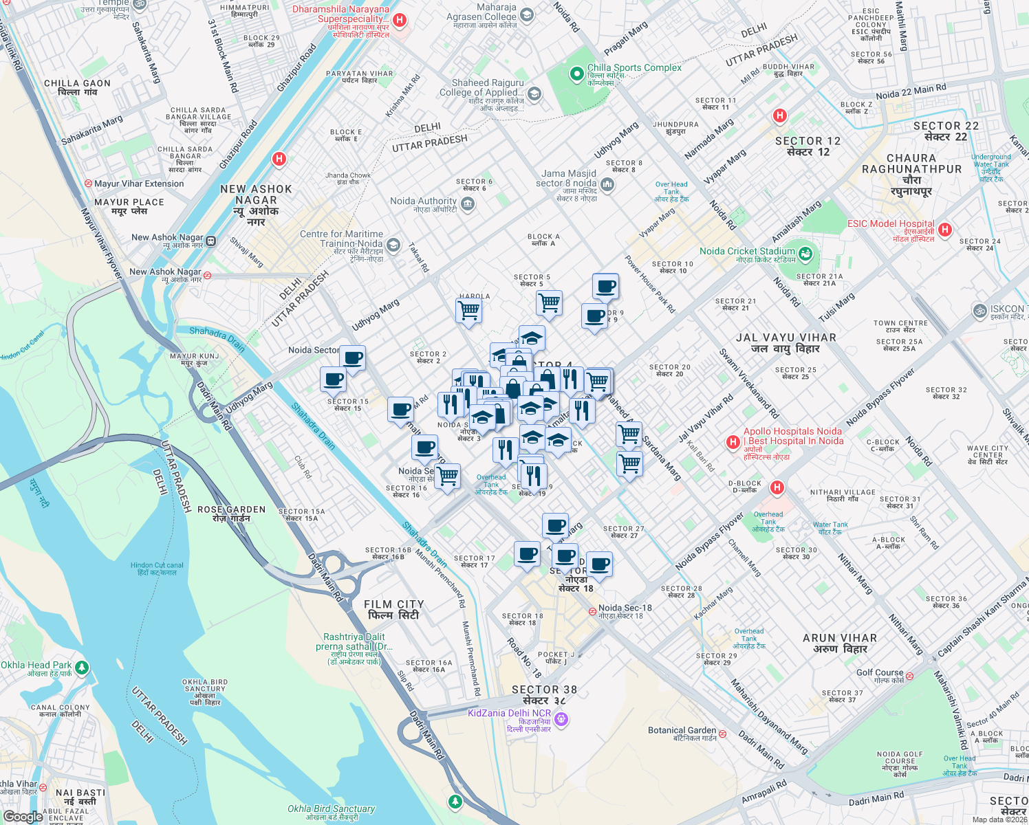 map of restaurants, bars, coffee shops, grocery stores, and more near in Noida