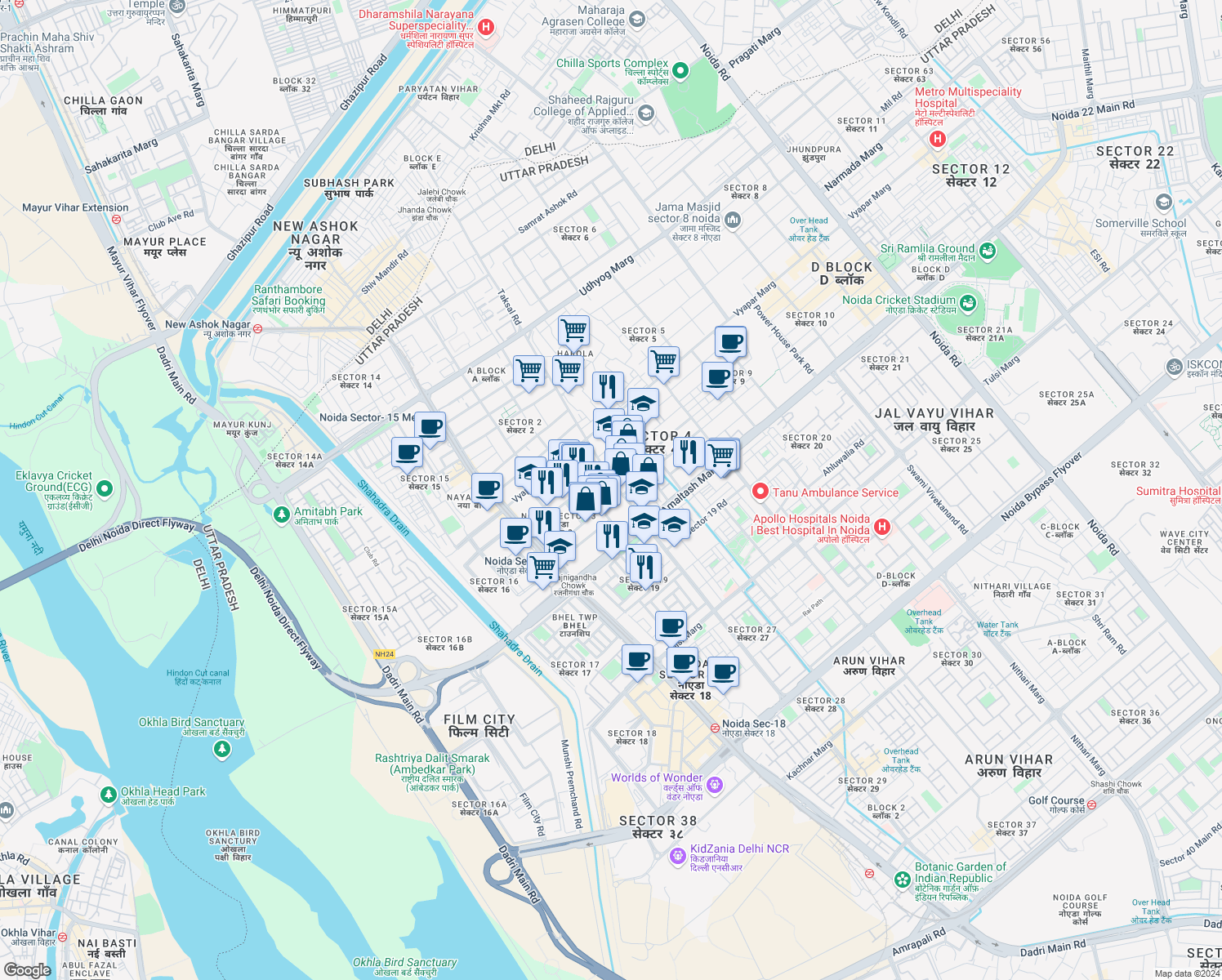map of restaurants, bars, coffee shops, grocery stores, and more near in Noida
