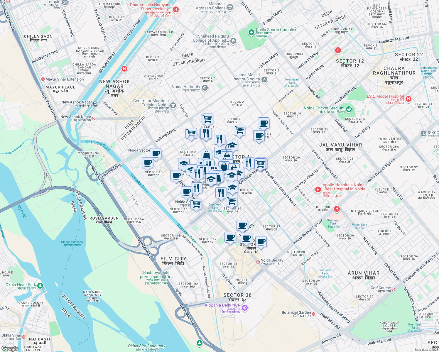 map of restaurants, bars, coffee shops, grocery stores, and more near in Noida