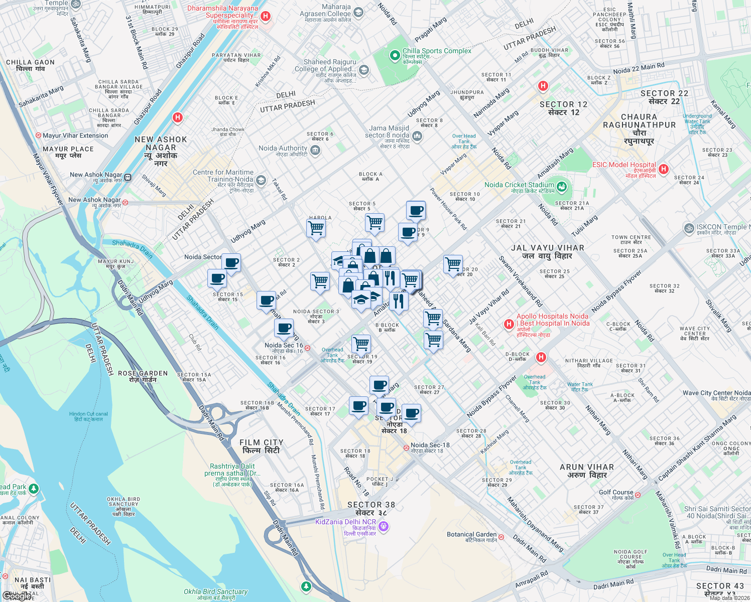 map of restaurants, bars, coffee shops, grocery stores, and more near in Noida