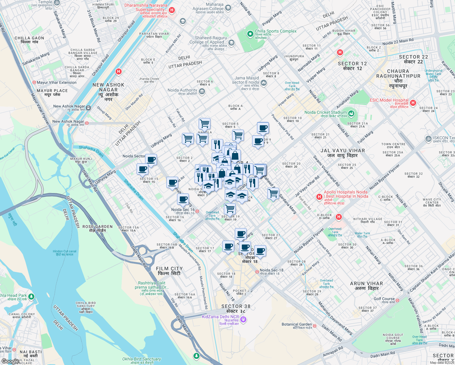 map of restaurants, bars, coffee shops, grocery stores, and more near in Noida