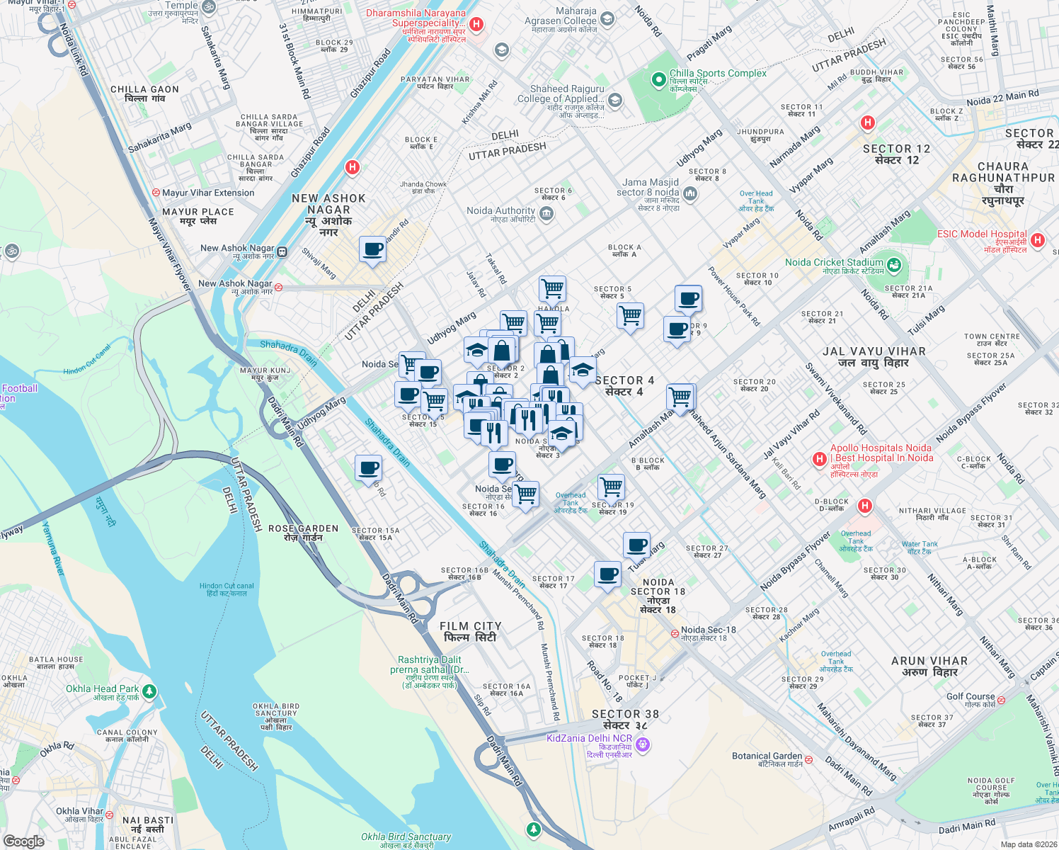 map of restaurants, bars, coffee shops, grocery stores, and more near in Noida
