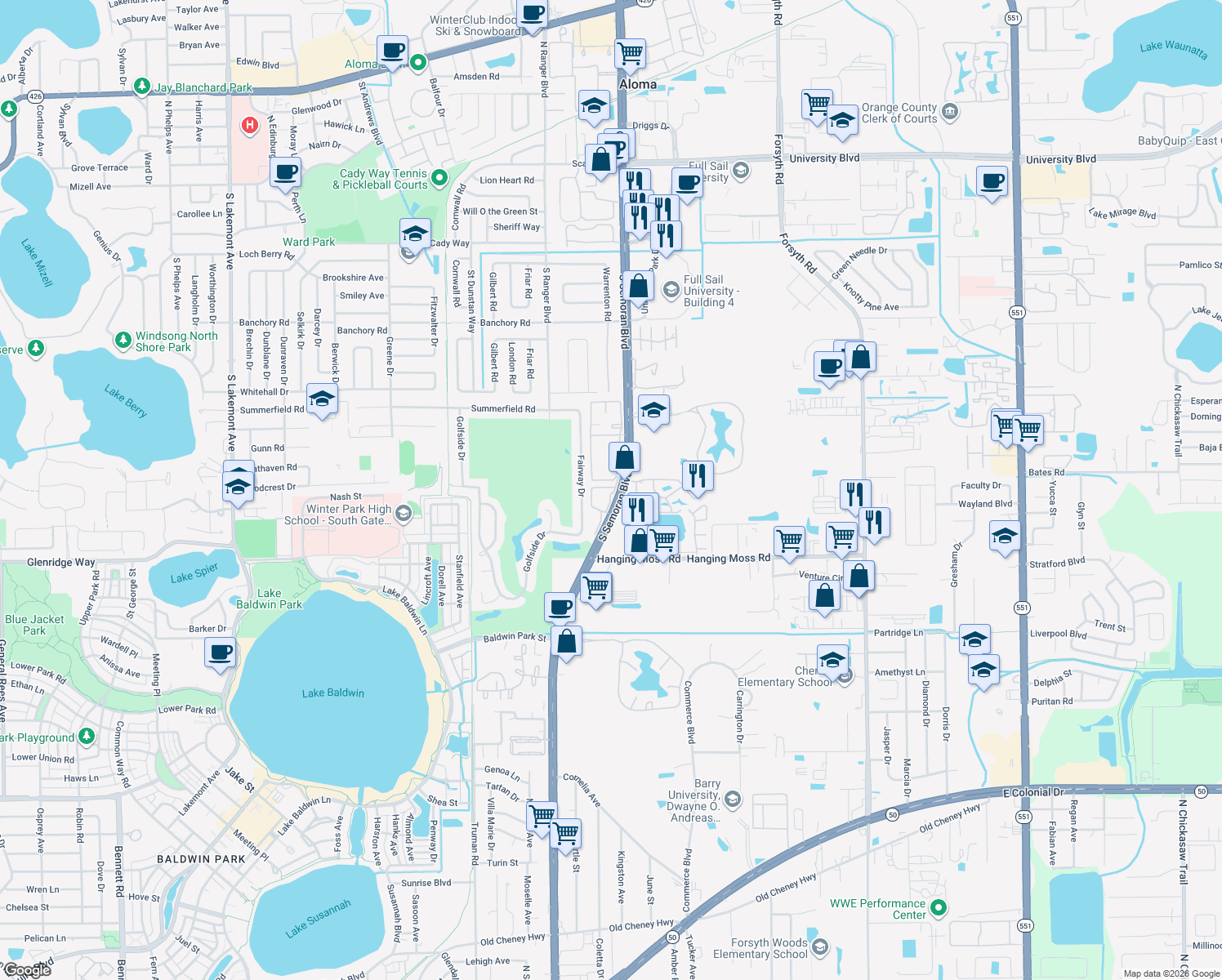 map of restaurants, bars, coffee shops, grocery stores, and more near Golfside Vls in Winter Park