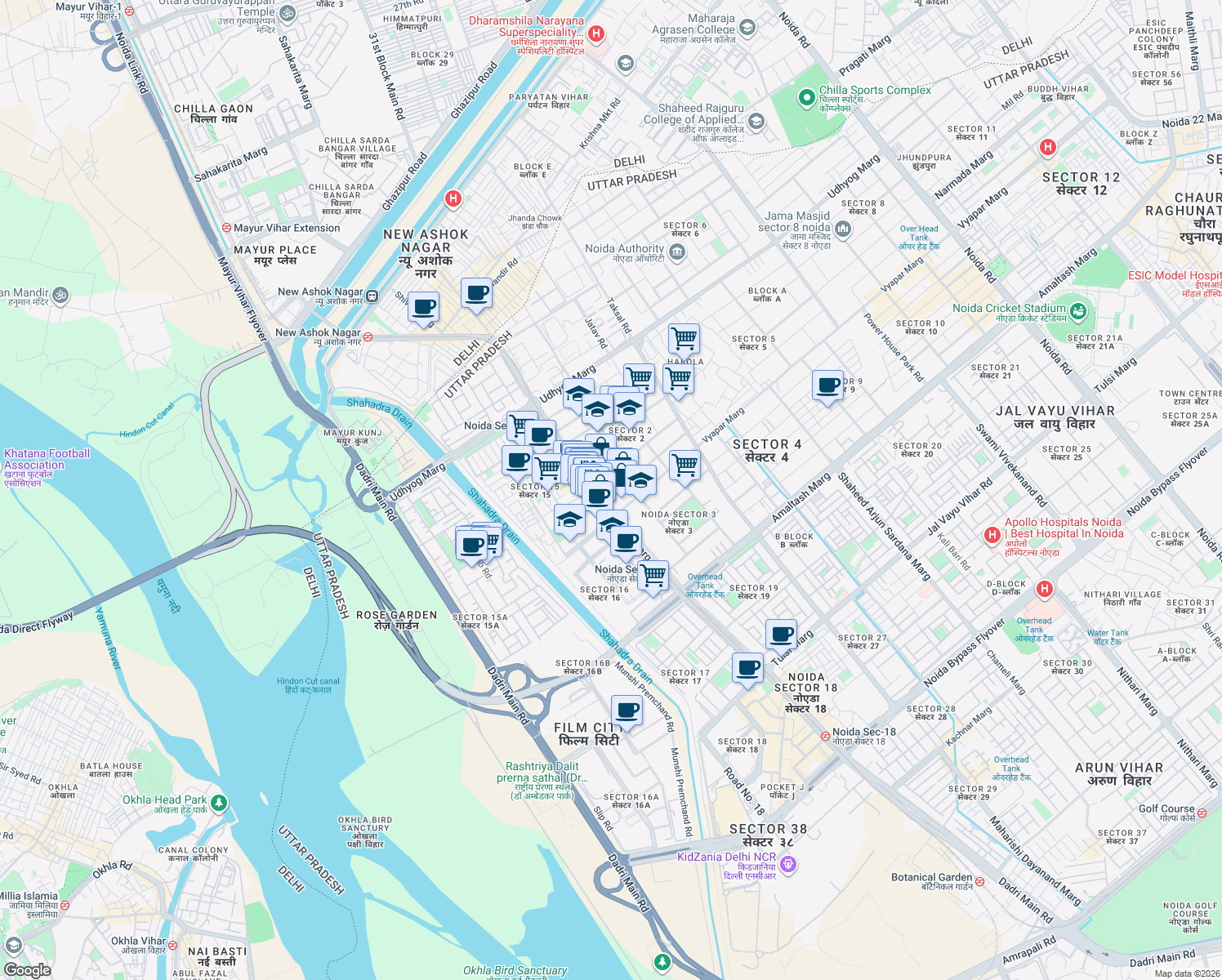 map of restaurants, bars, coffee shops, grocery stores, and more near in Noida
