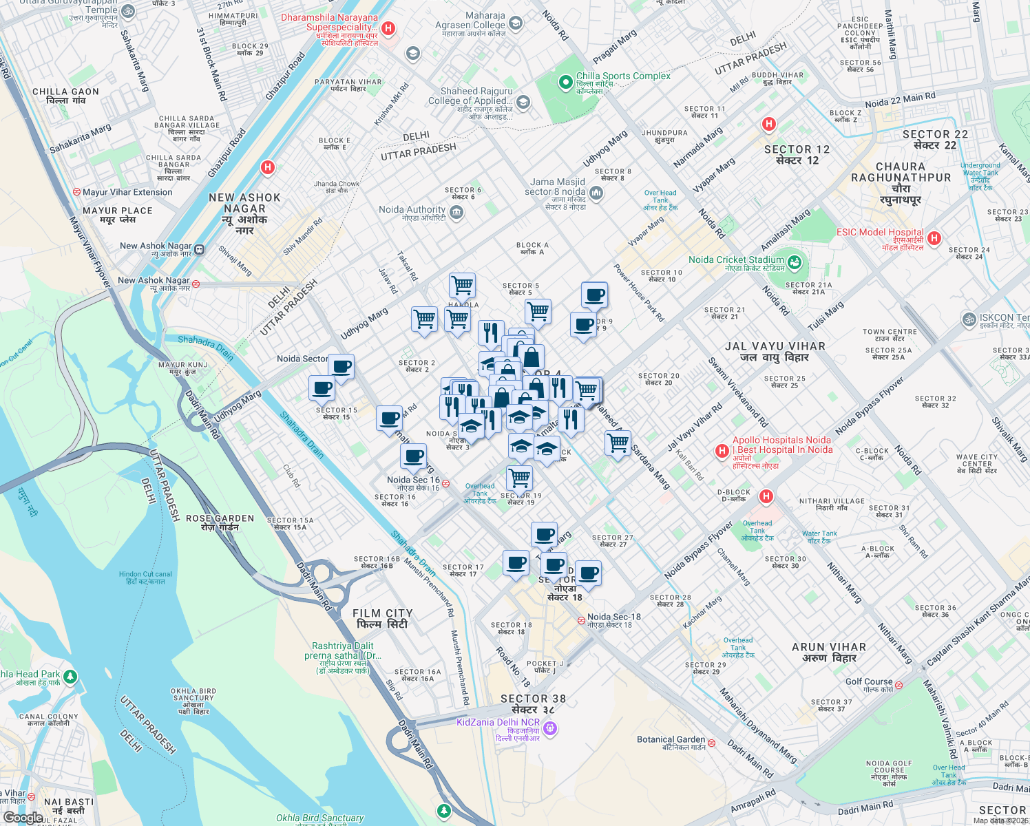 map of restaurants, bars, coffee shops, grocery stores, and more near in Noida