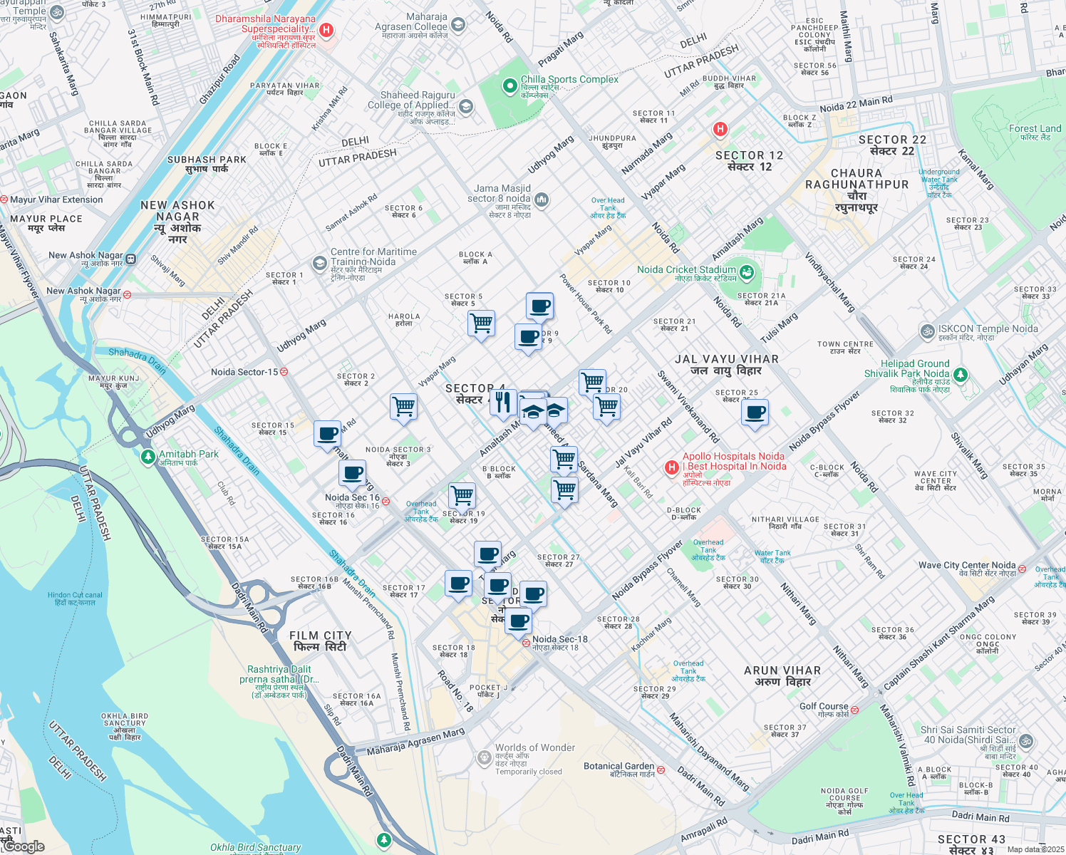 map of restaurants, bars, coffee shops, grocery stores, and more near in Noida