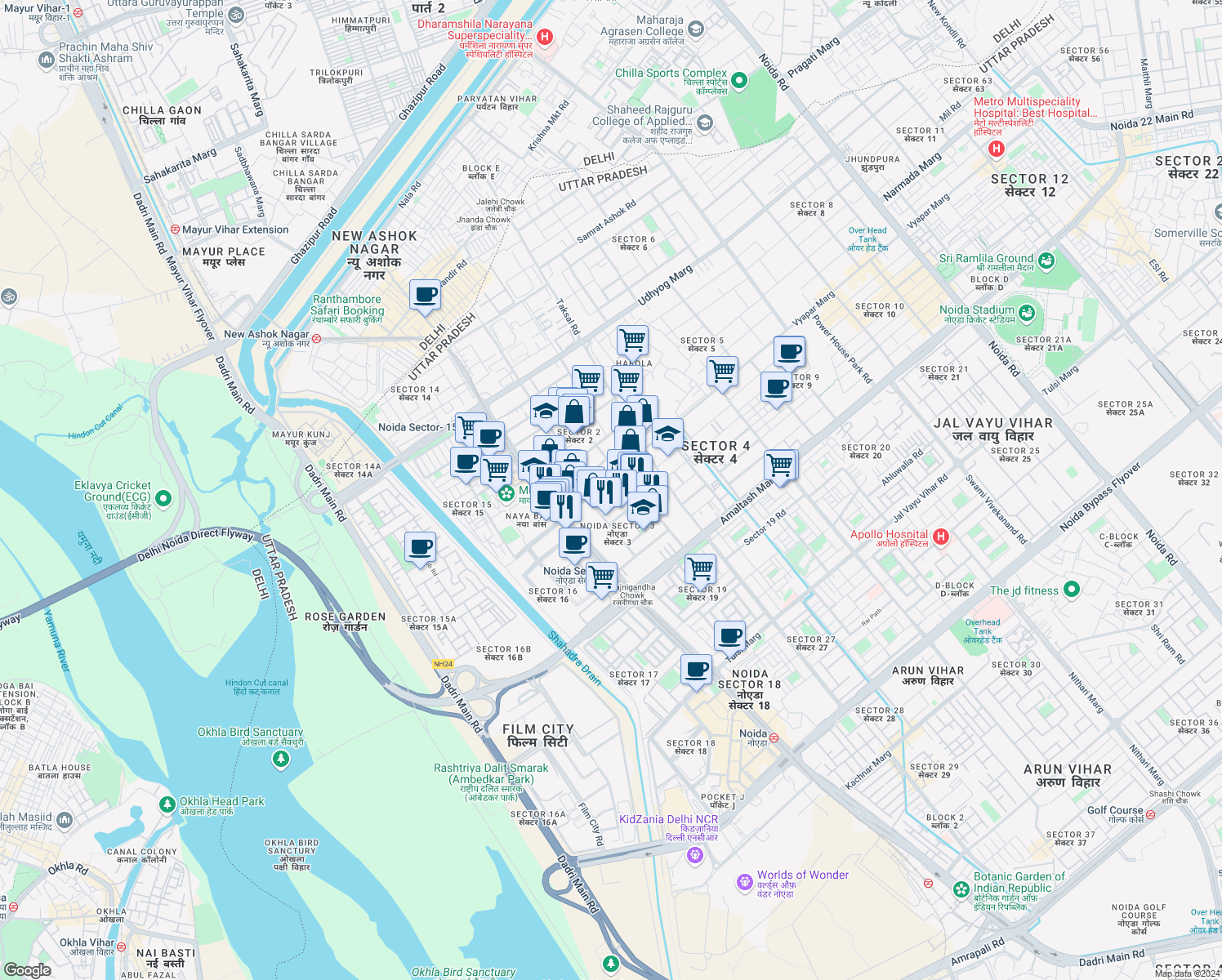 map of restaurants, bars, coffee shops, grocery stores, and more near 4 Vyapar Marg in Noida