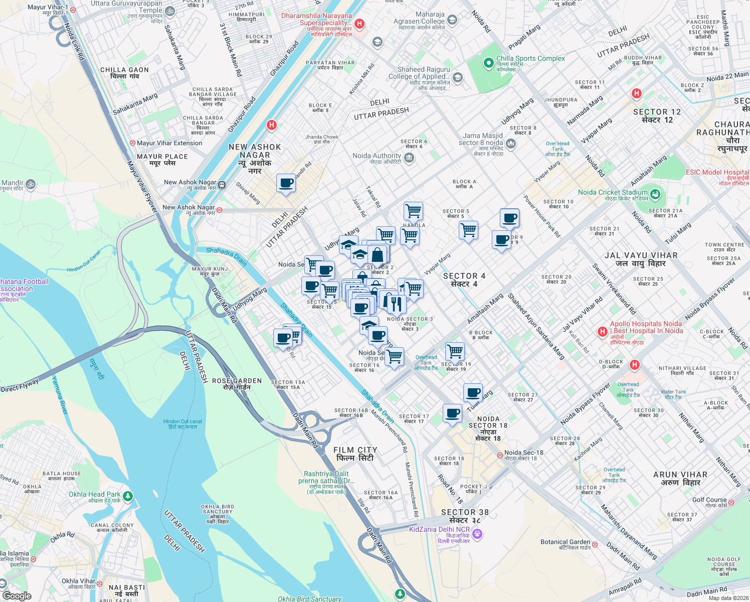 map of restaurants, bars, coffee shops, grocery stores, and more near in Noida