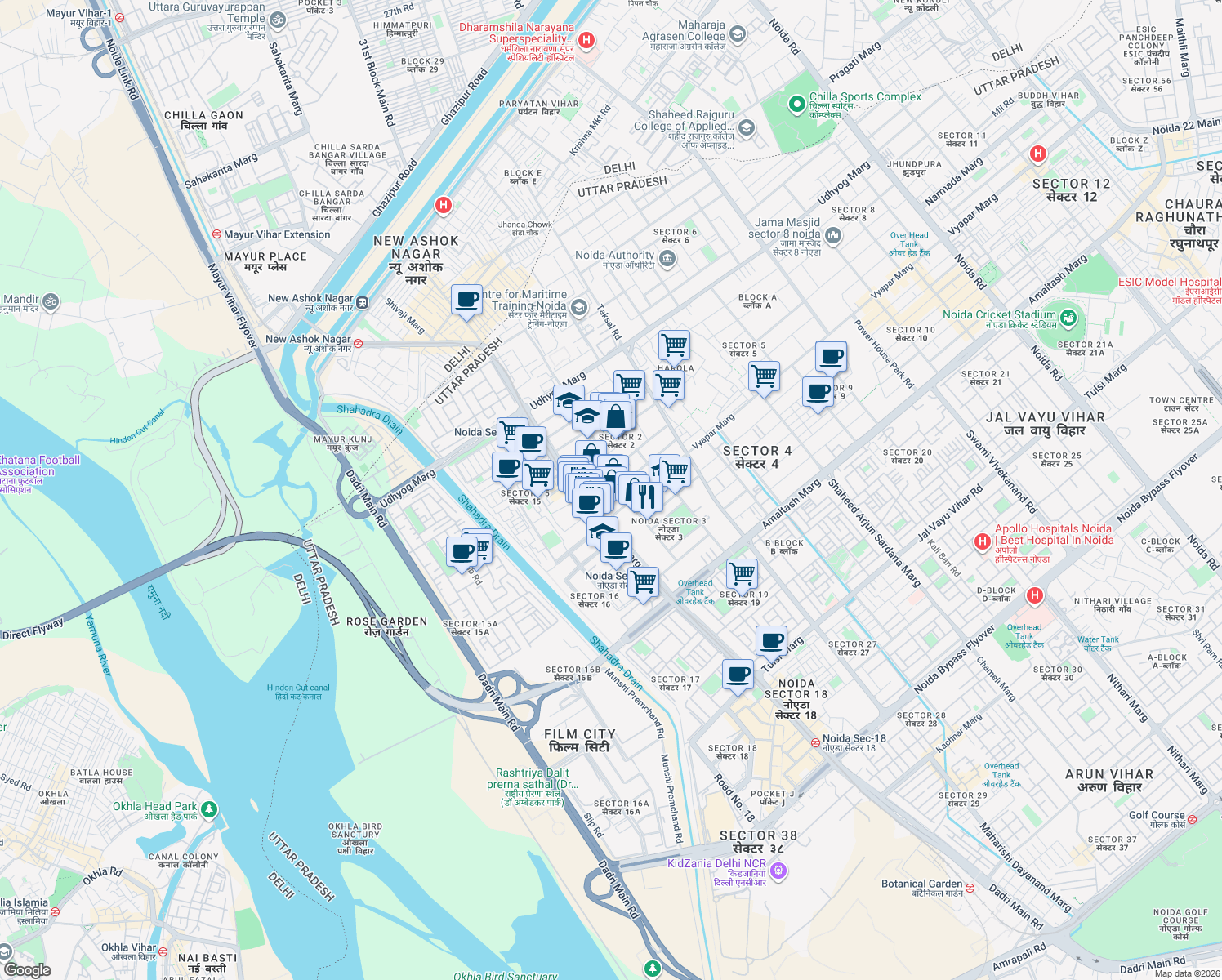 map of restaurants, bars, coffee shops, grocery stores, and more near in Noida