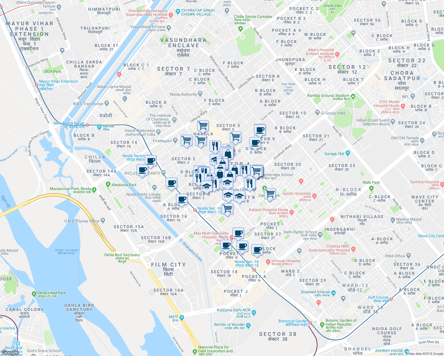 map of restaurants, bars, coffee shops, grocery stores, and more near in Noida