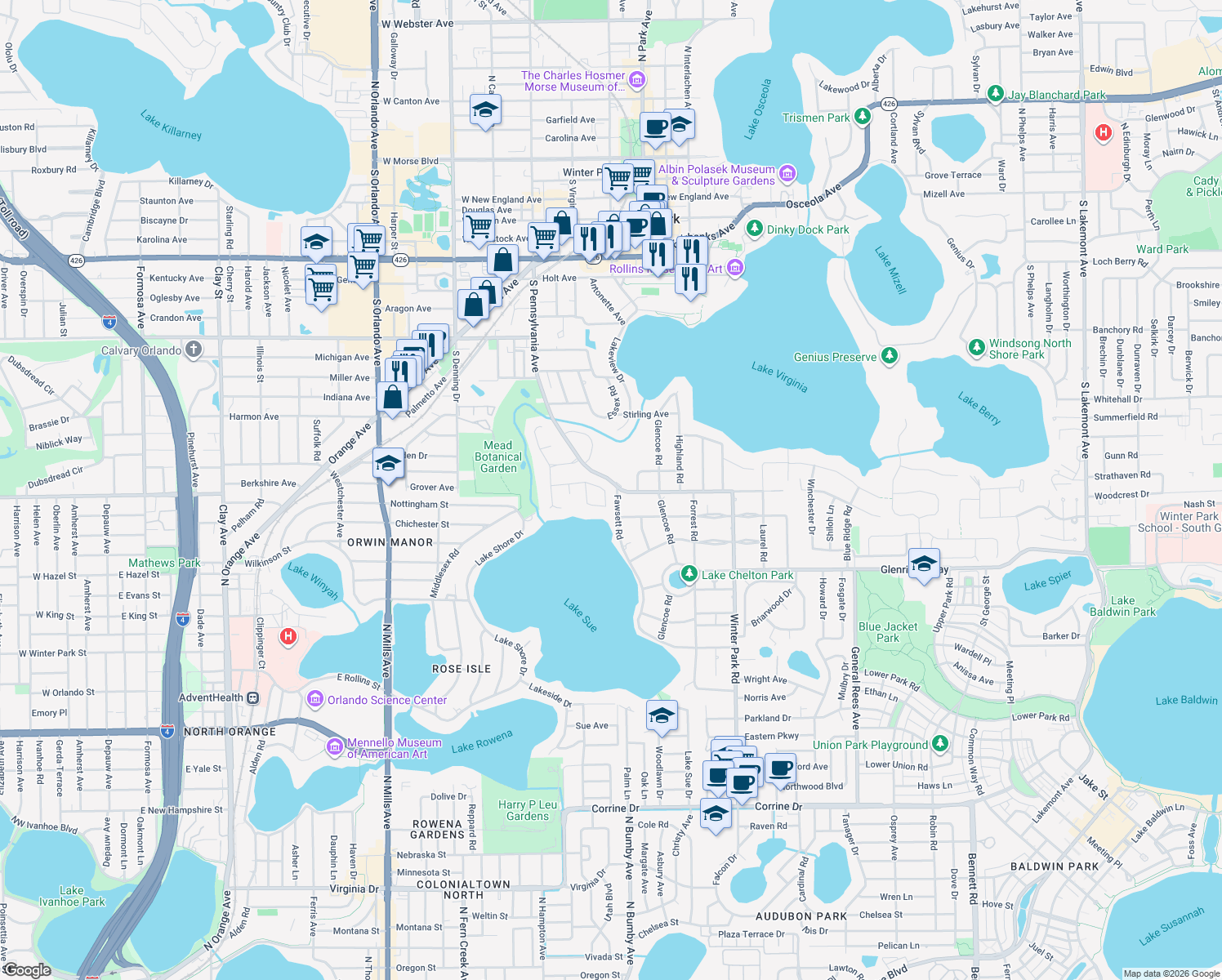 map of restaurants, bars, coffee shops, grocery stores, and more near 227 Salvador Square in Winter Park